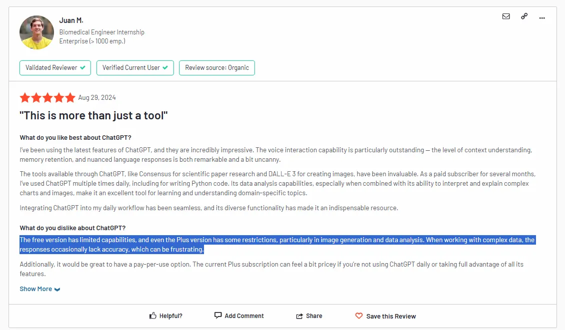Juan M's review about ChatGPT on G2