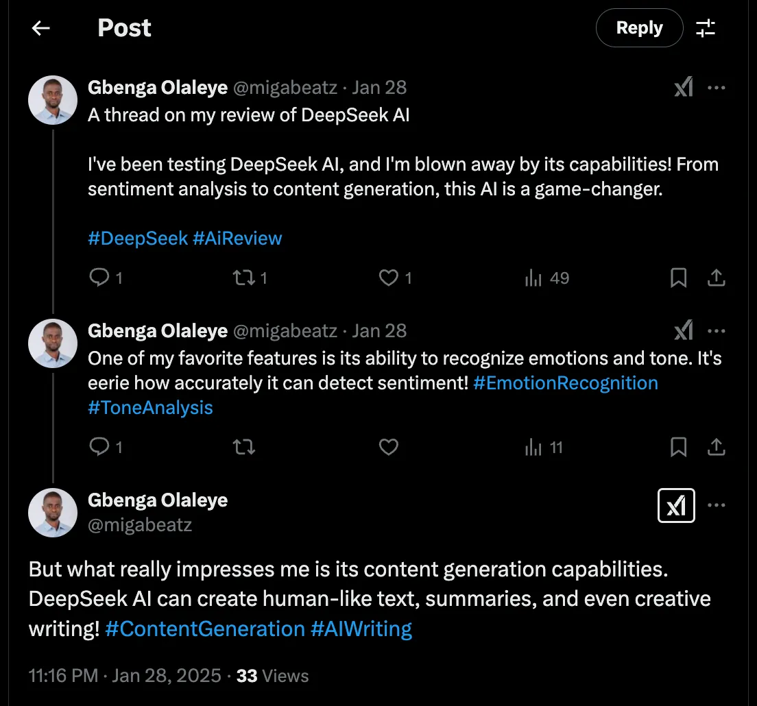 Gbenga Olaleye's X thread on what he likes about DeepSeek