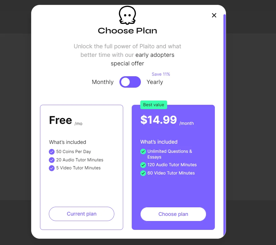 pricing page of plaito