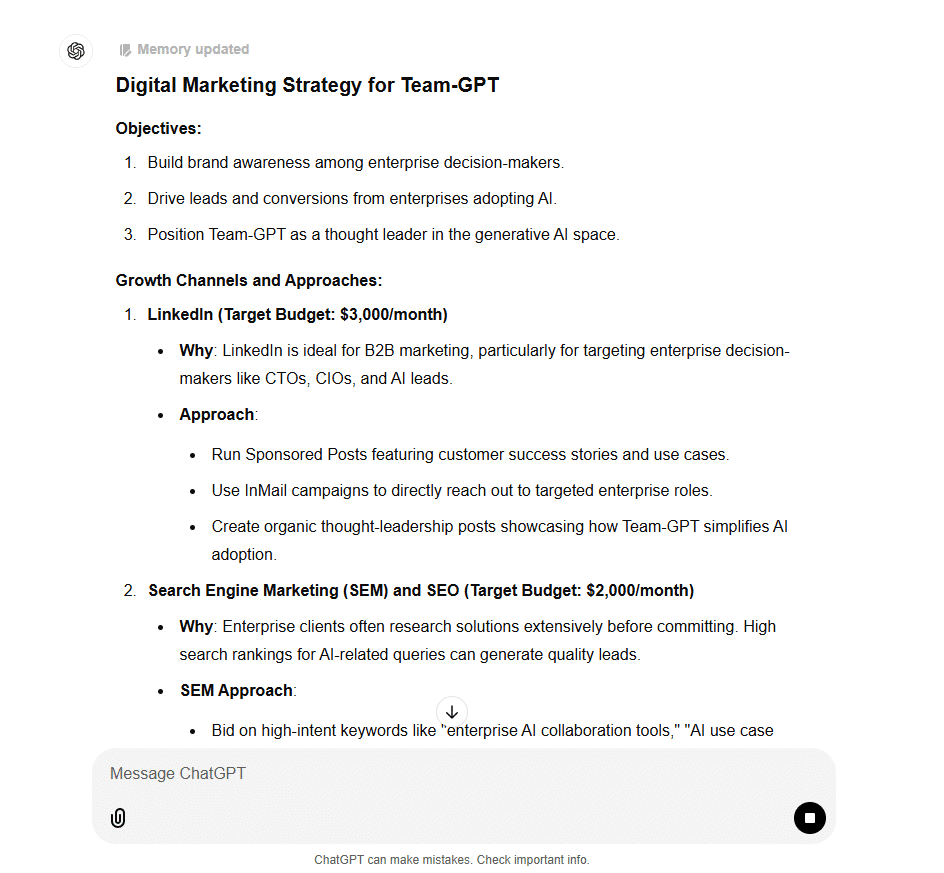 ChatGPT generating content on "Digital Marketing Strategy for Team-GPT"