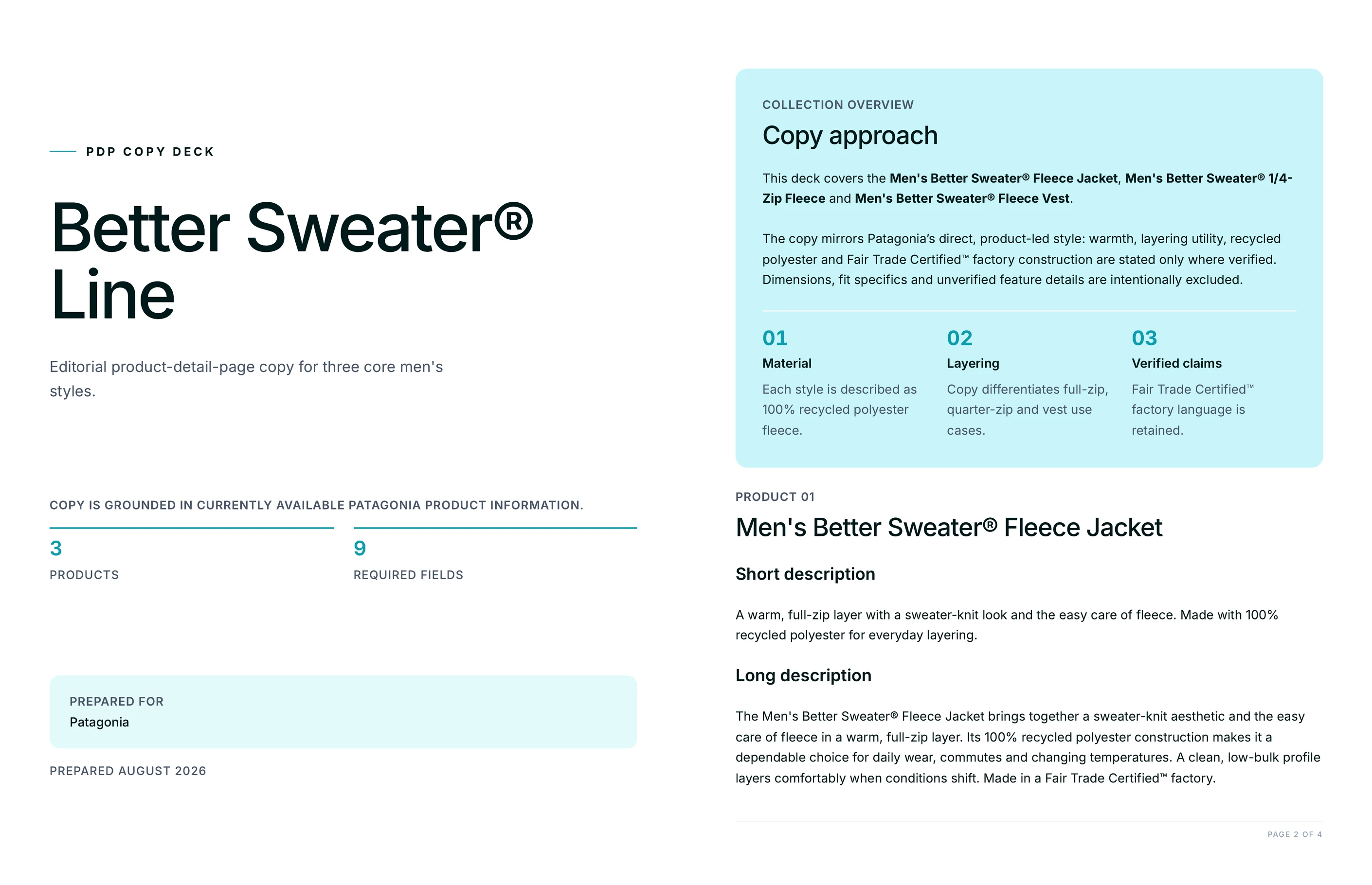 Branded PDP copy deck example: Patagonia Better Sweater line cover and copy approach