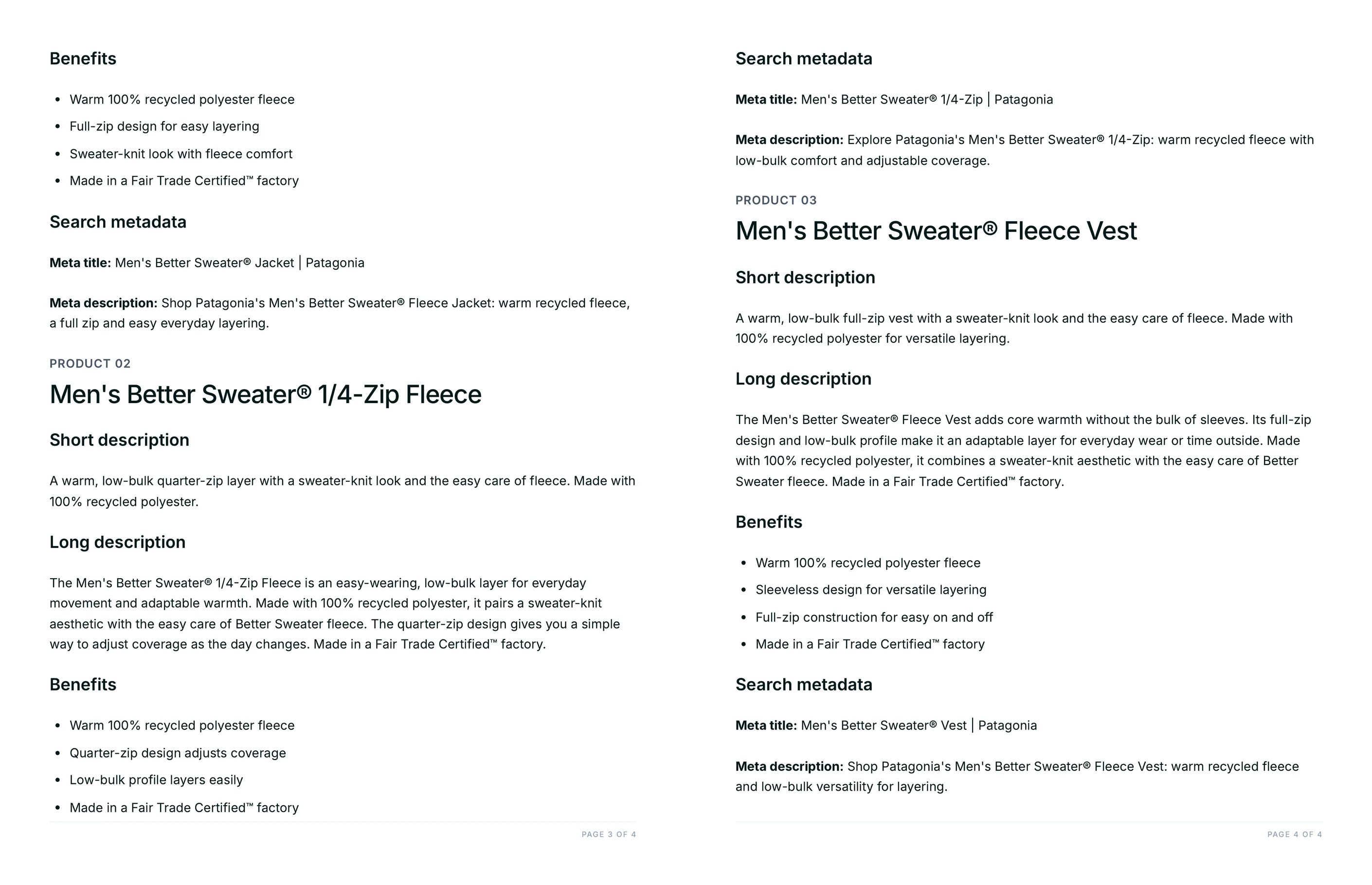 Branded PDP copy deck example: full product copy sets with benefits and search metadata