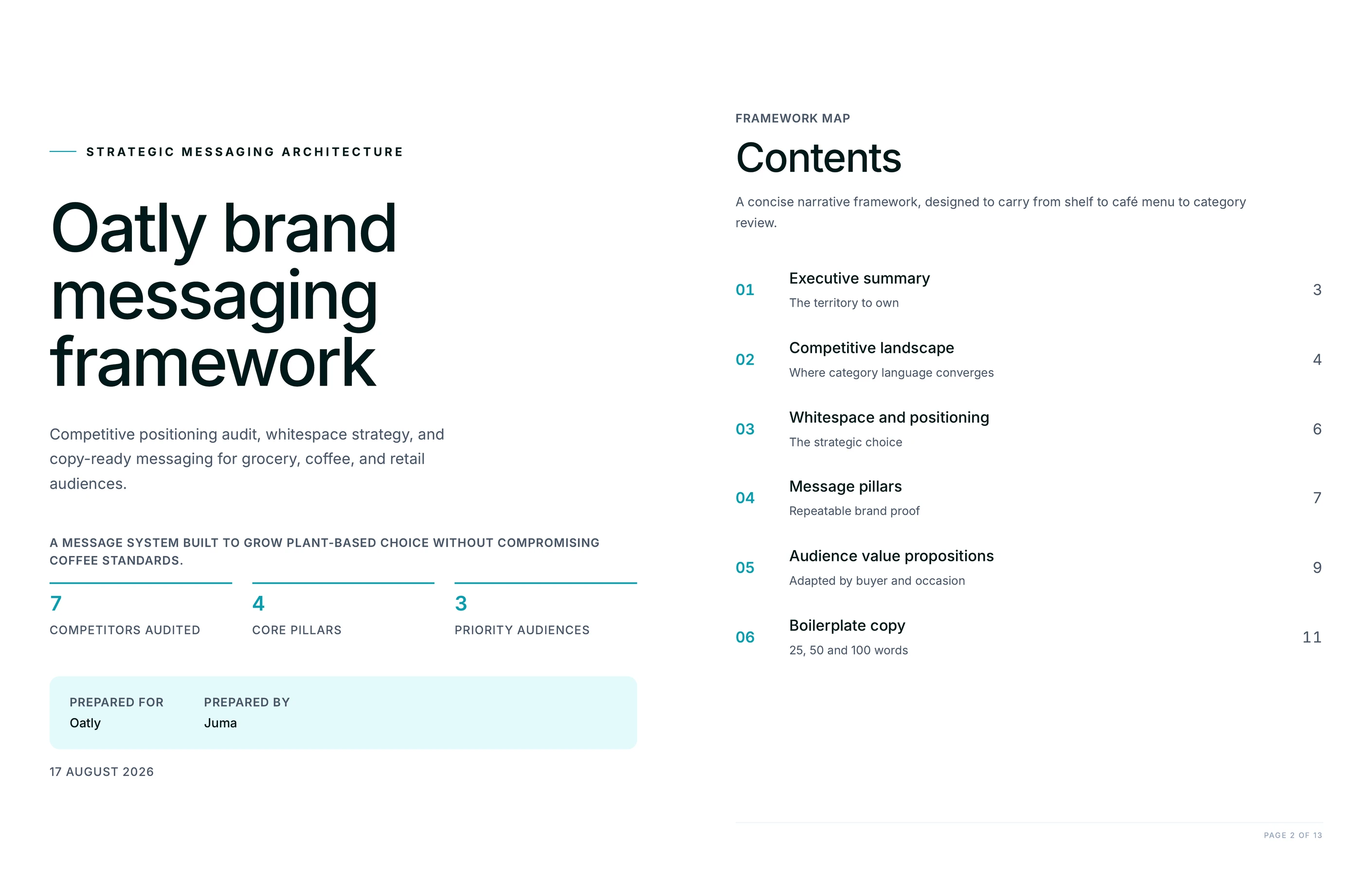 Brand messaging framework example: Oatly cover and framework contents