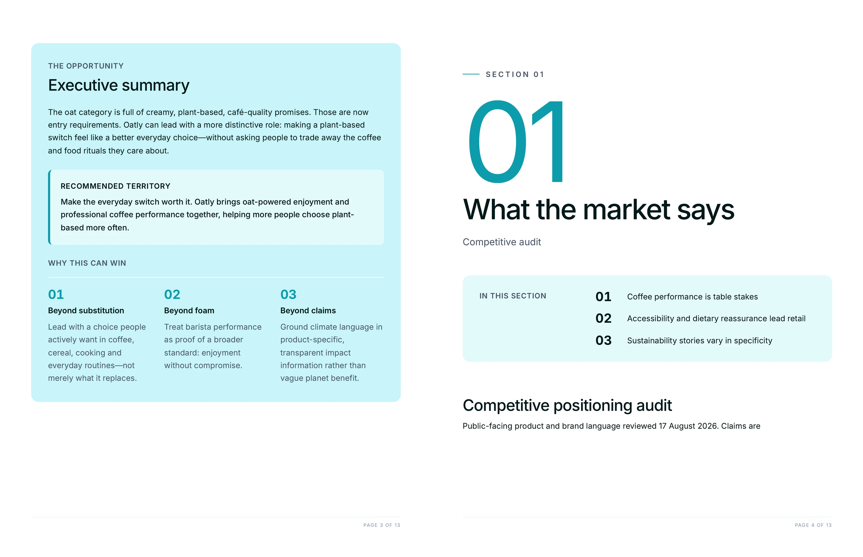 Brand messaging framework example: executive summary and competitive audit section