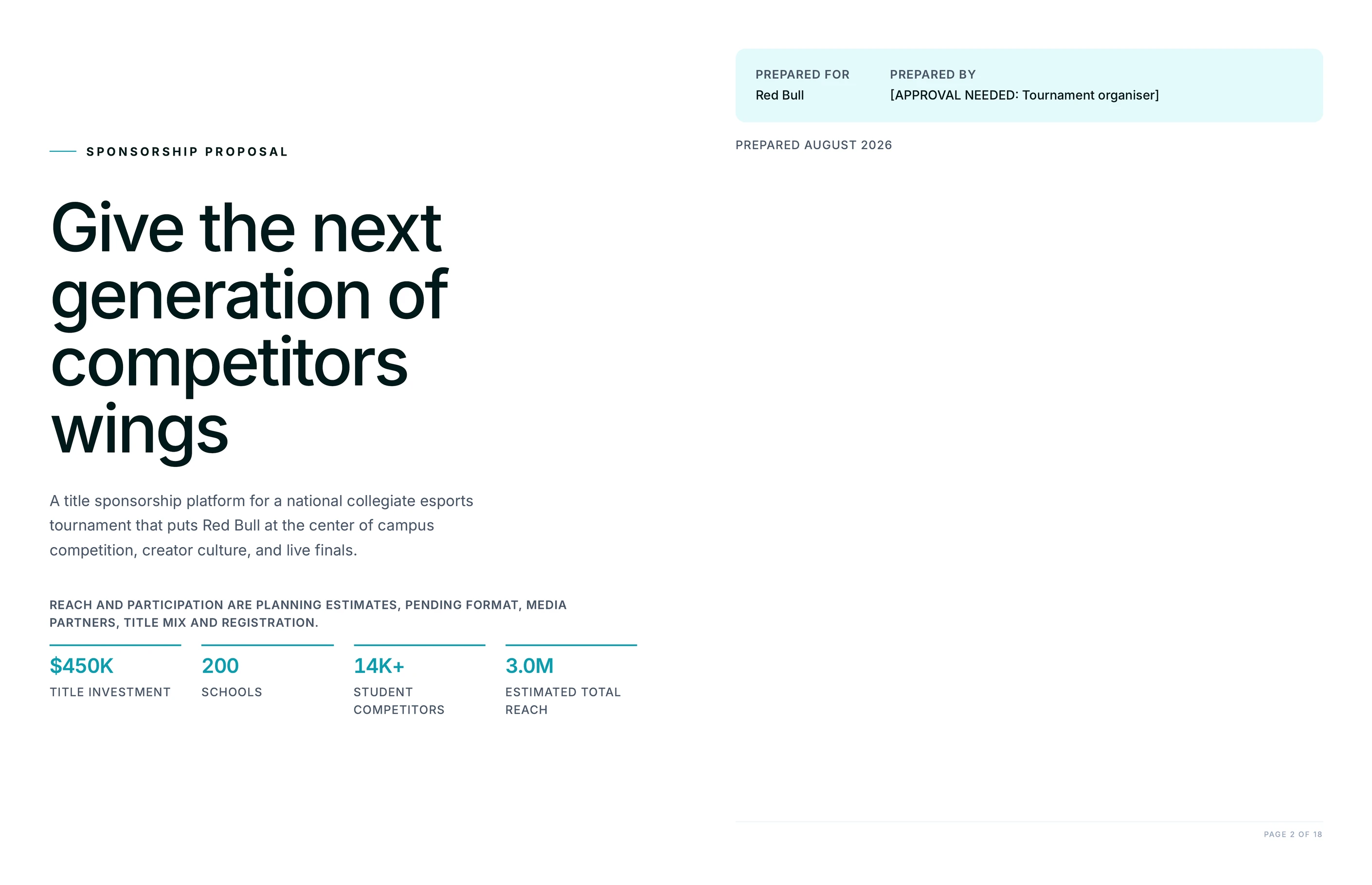 Sponsorship proposal example: branded cover with title investment, schools, competitors and reach stats