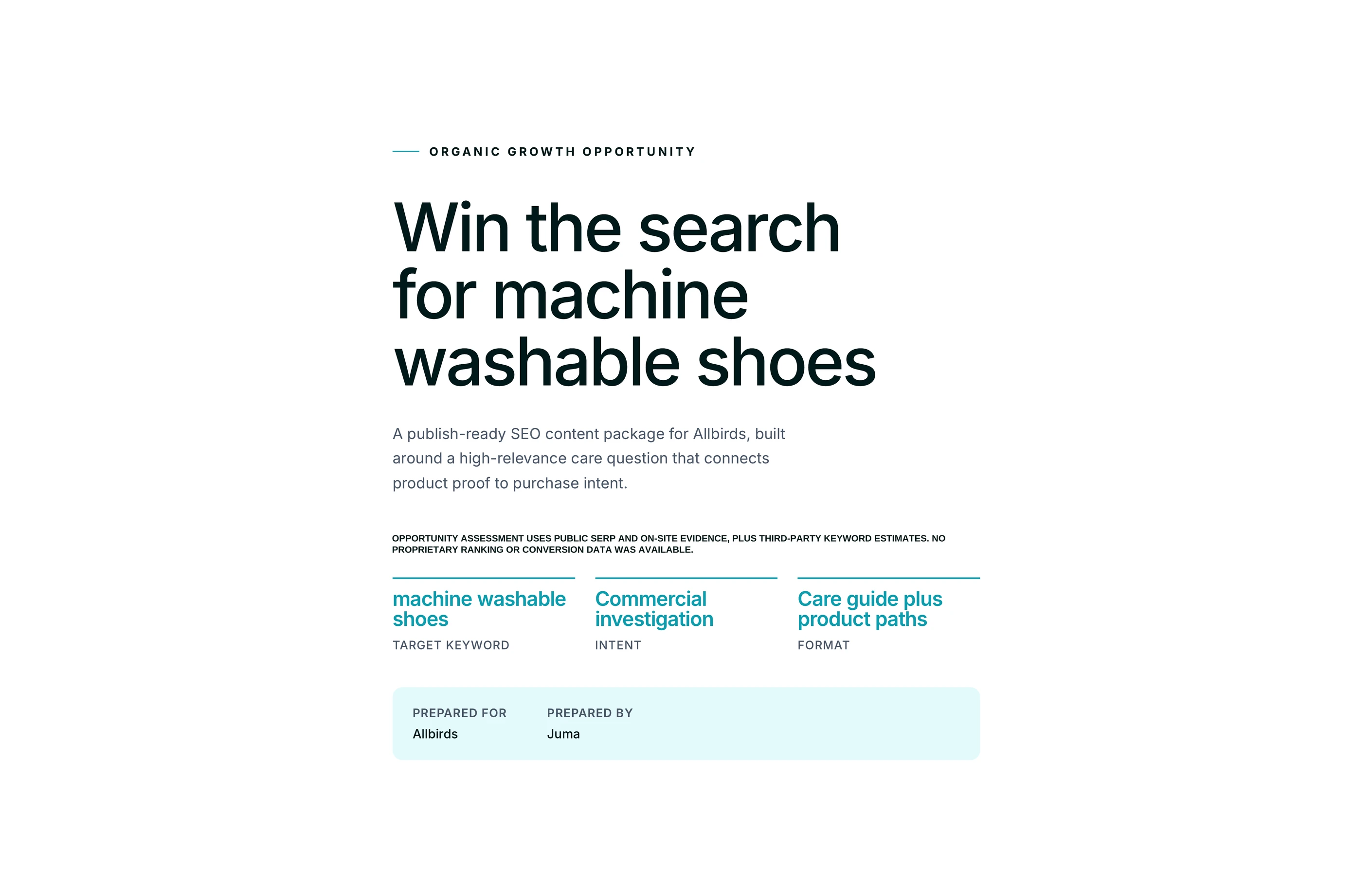 Report cover reading Win the search for machine washable shoes, with target keyword, search intent and asset format
