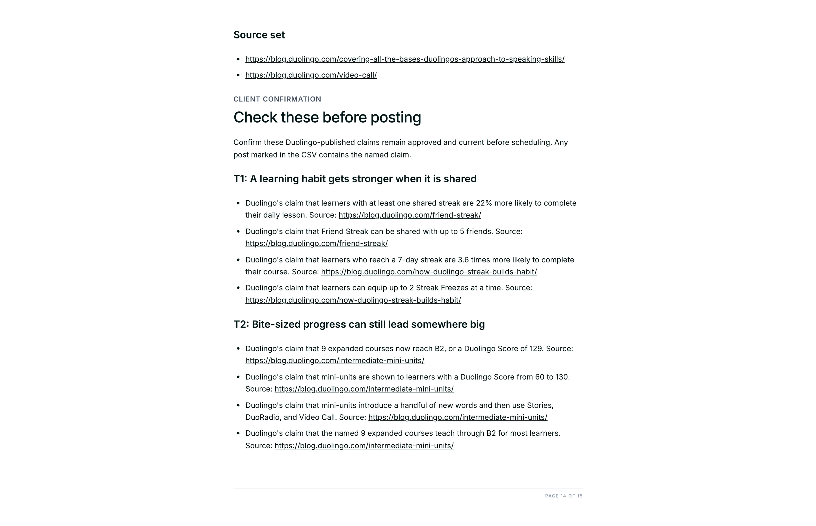 The check these before posting list, naming each claim to confirm with the client and its source