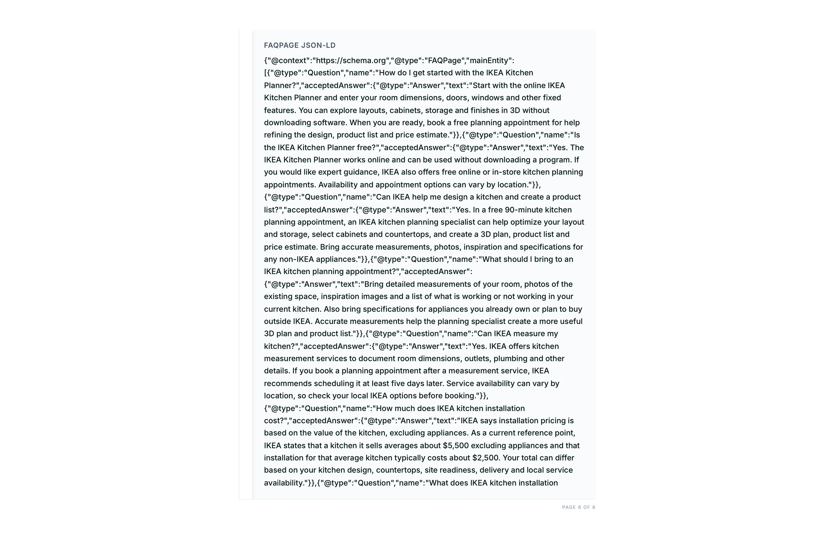 The FAQPage JSON-LD schema block rendered in full, ready to paste onto the page