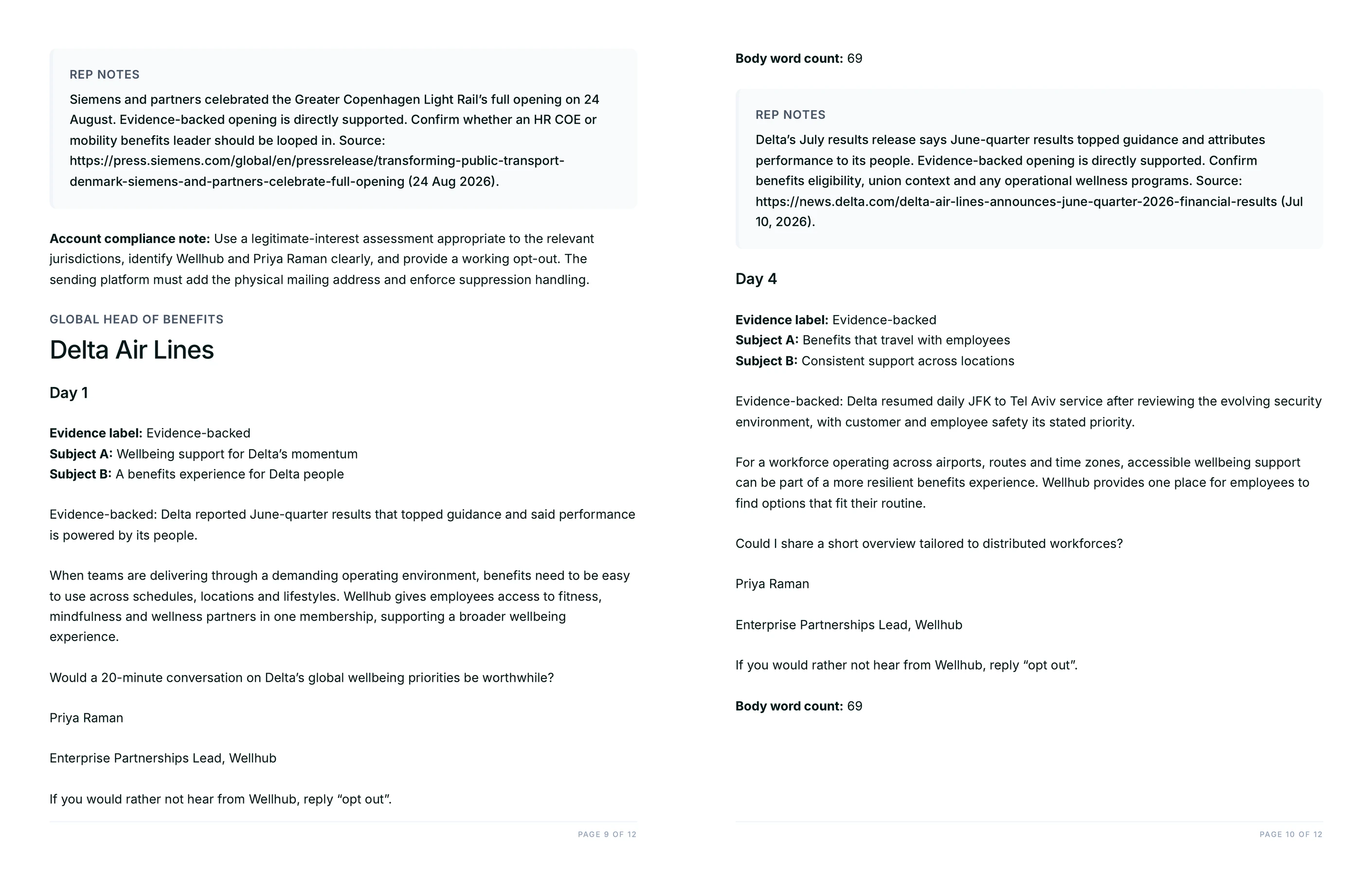 Day 1 and Day 4 emails with subject variants and word counts