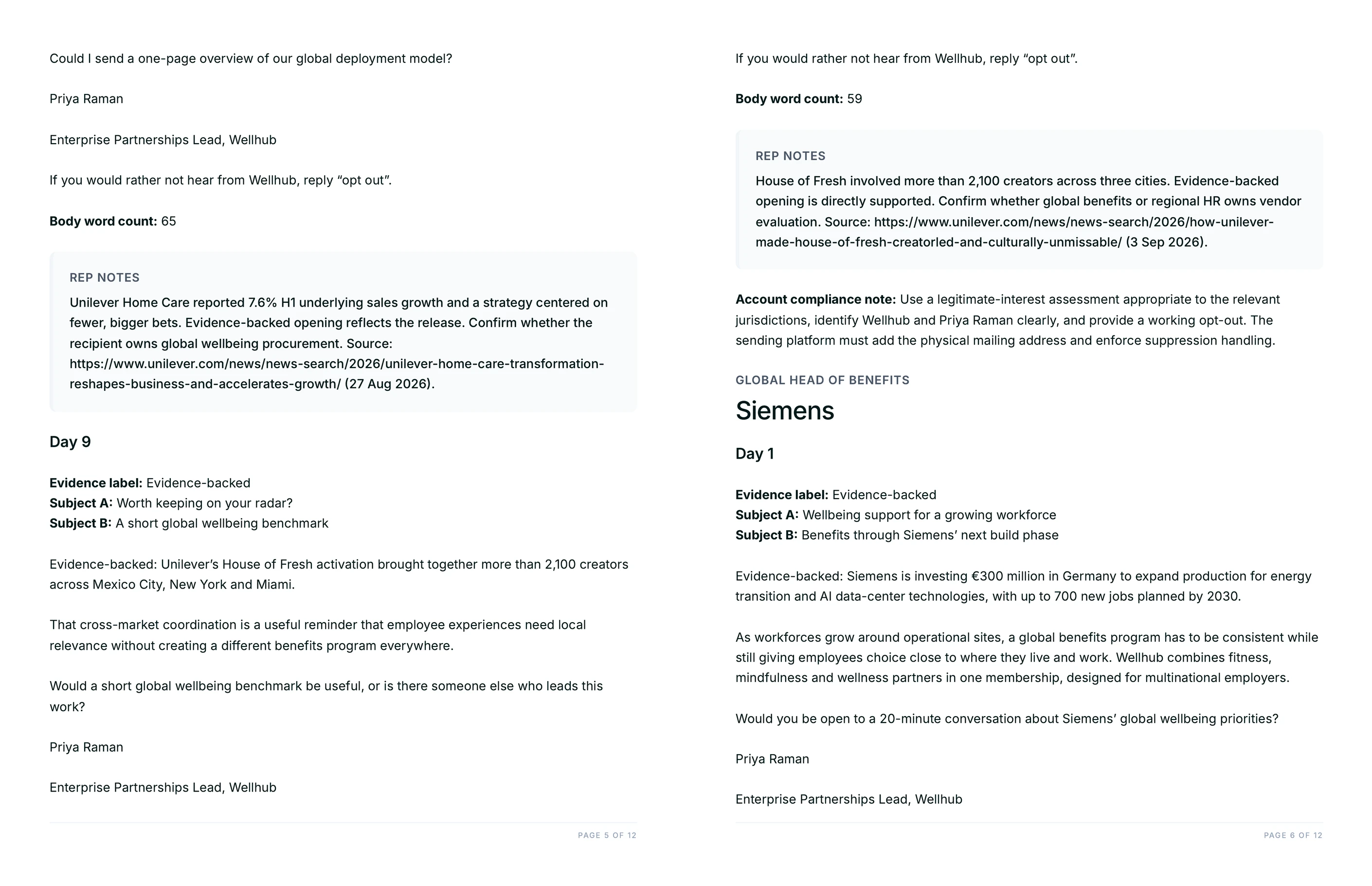 Day 9 close-out email with rep notes and account compliance note