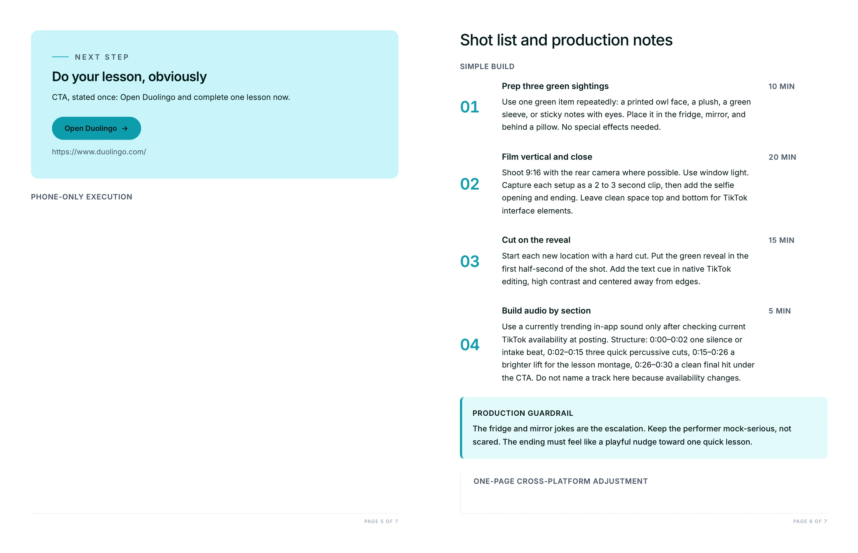Call to action card linking to Duolingo beside a phone-only shot list with timed production steps and audio structure guidance by section