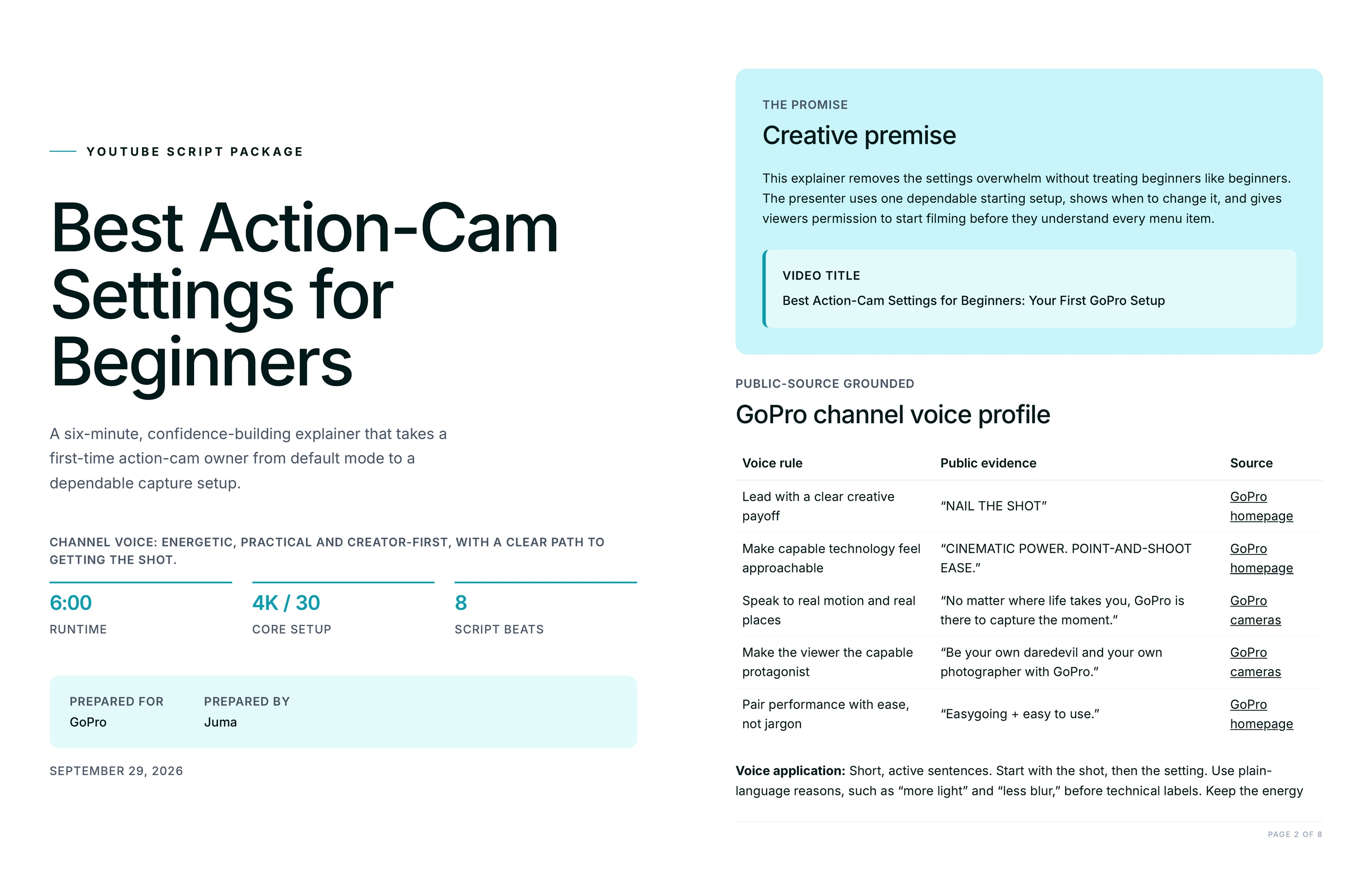 Cover page of the YouTube script package for a six-minute beginner action-cam explainer, with runtime, core setup and a channel voice profile table citing public source pages