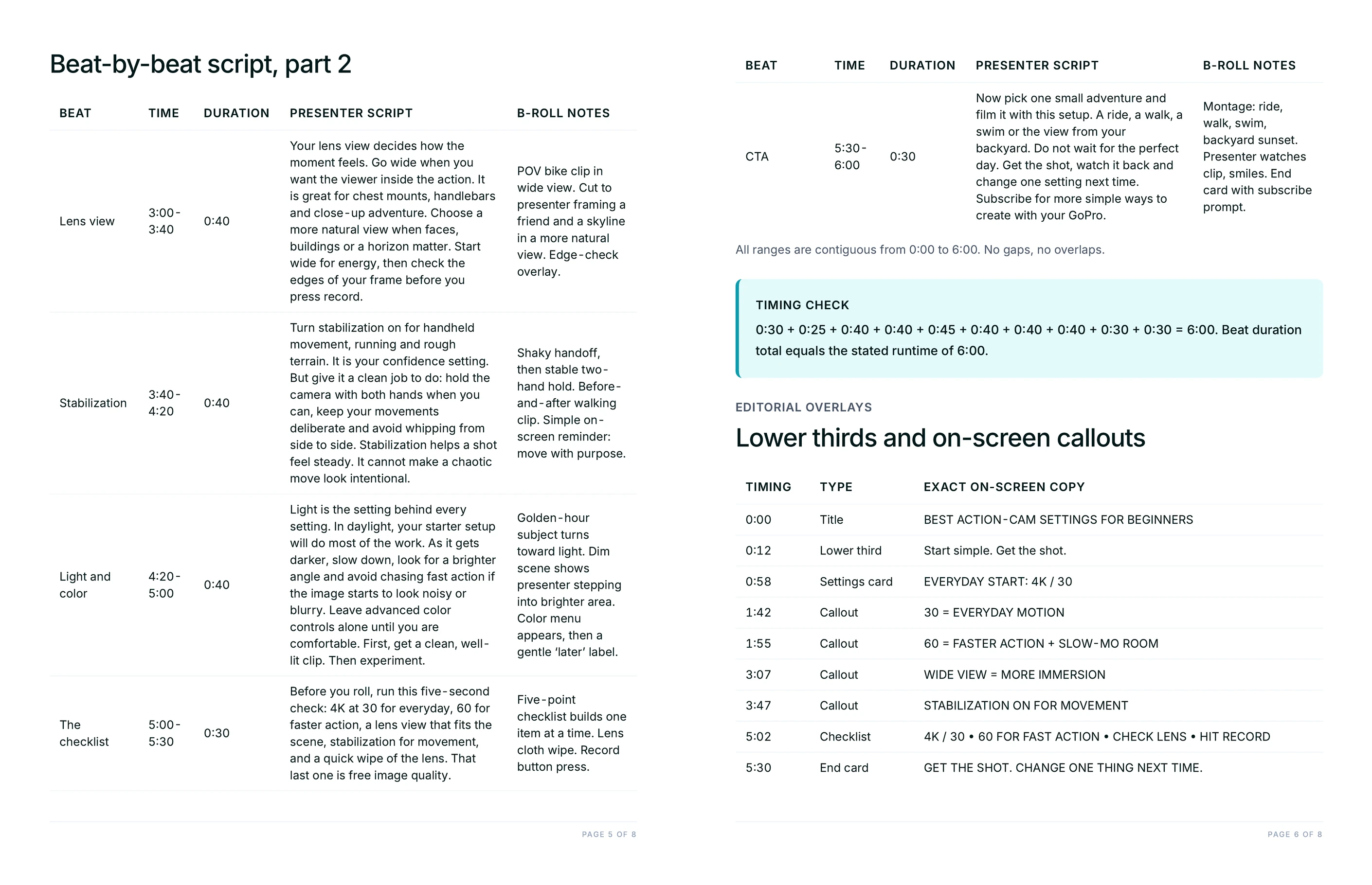 Part two of the beat-by-beat script table with the CTA beat, a timing check box confirming the durations sum to six minutes, and the lower-thirds callout schedule