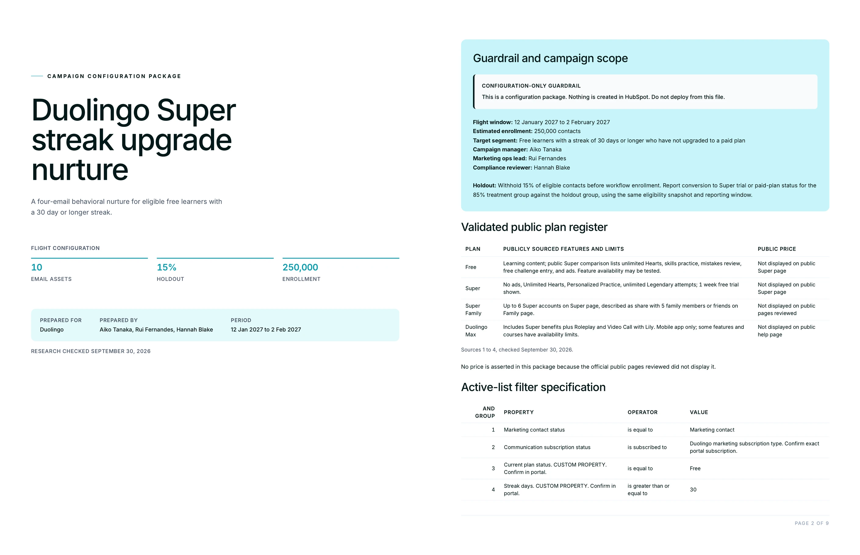 Campaign playbook cover with the configuration-only guardrail, campaign scope, validated plan register and active list filter specification