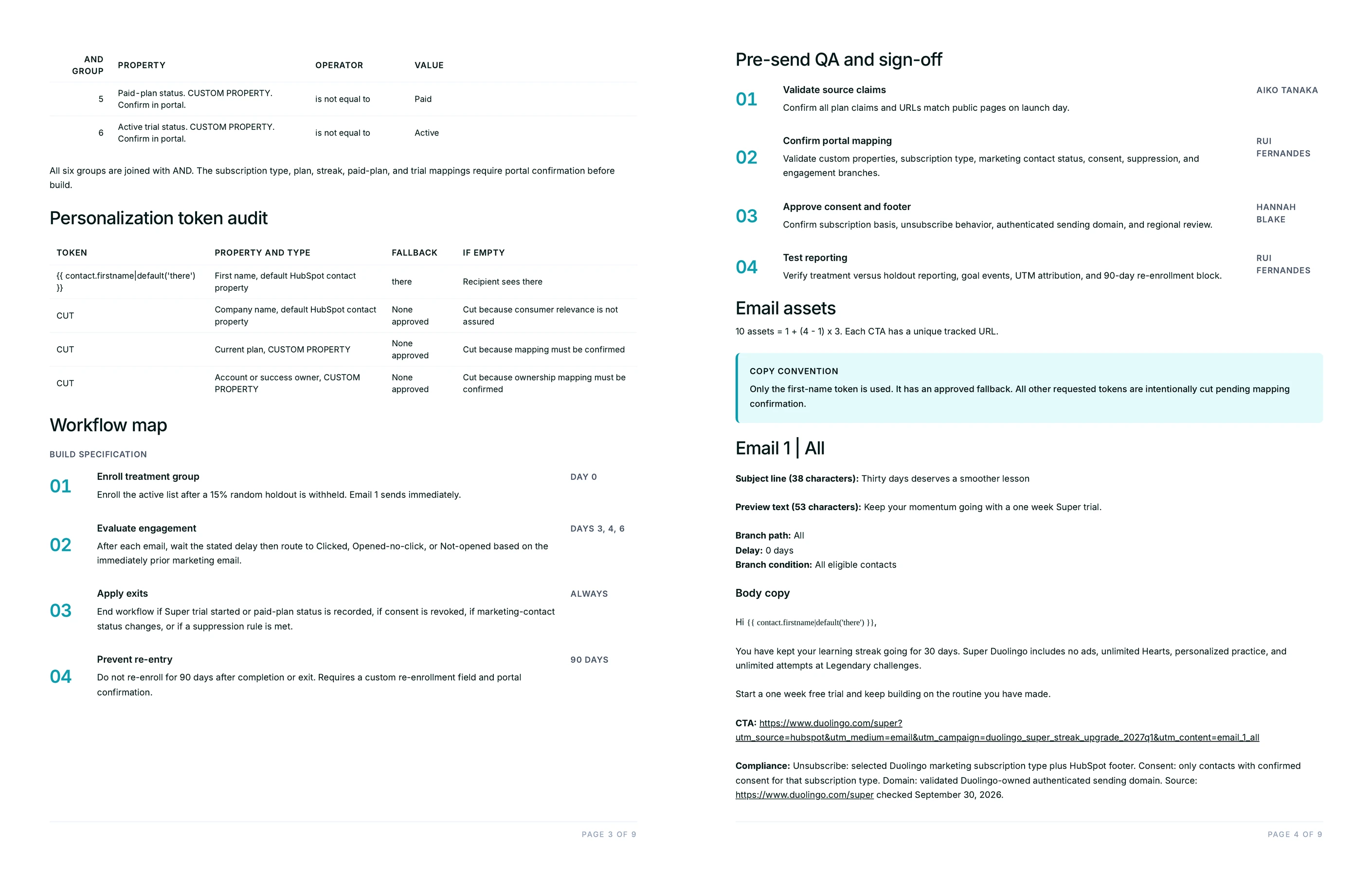 Personalization token audit with cut tokens and reasons, the workflow map, and the pre-send QA checklist with named sign-off owners
