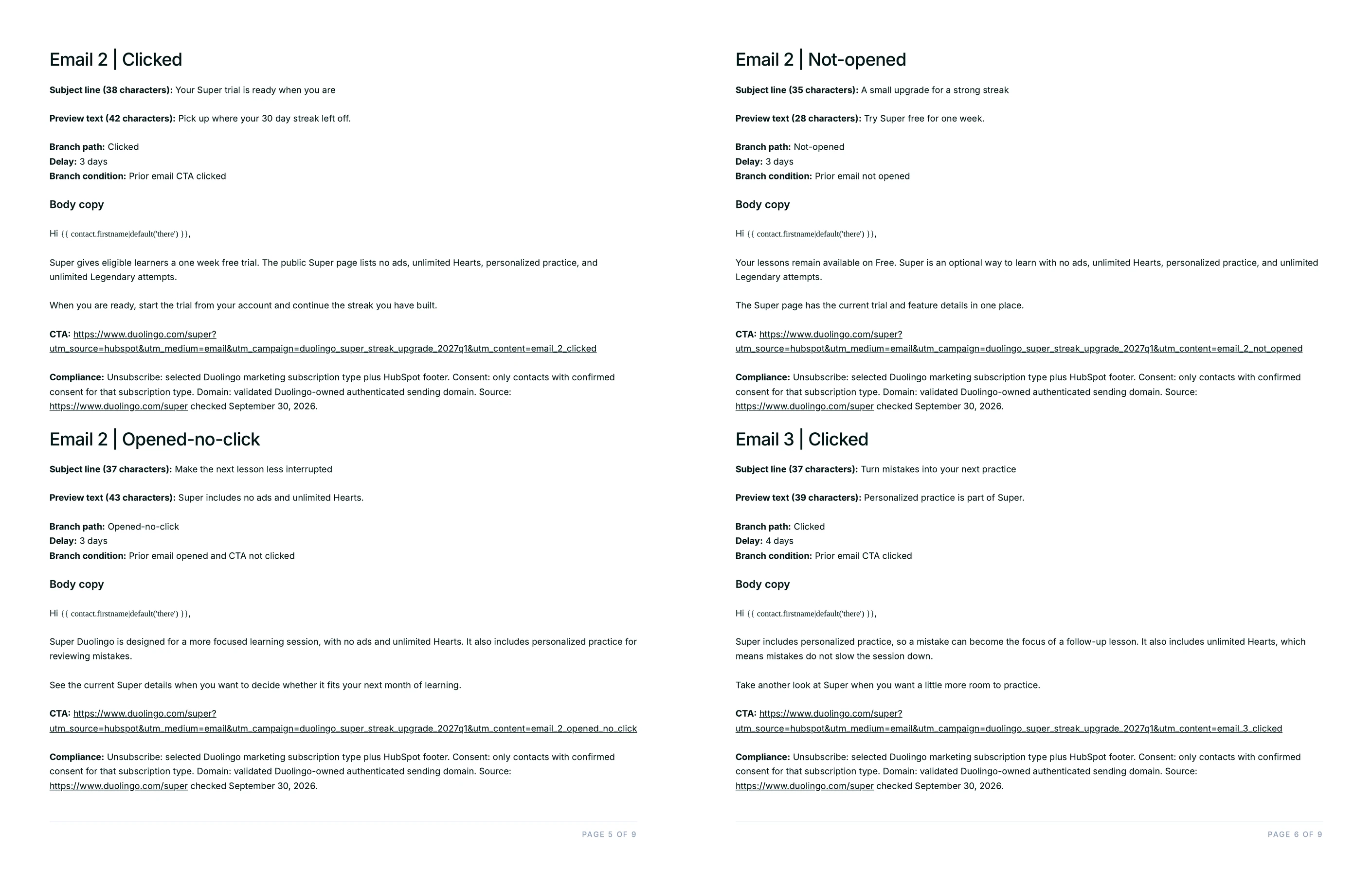 Three branch variants of the same email with distinct subject lines, delays, branch conditions and separately tracked CTA links