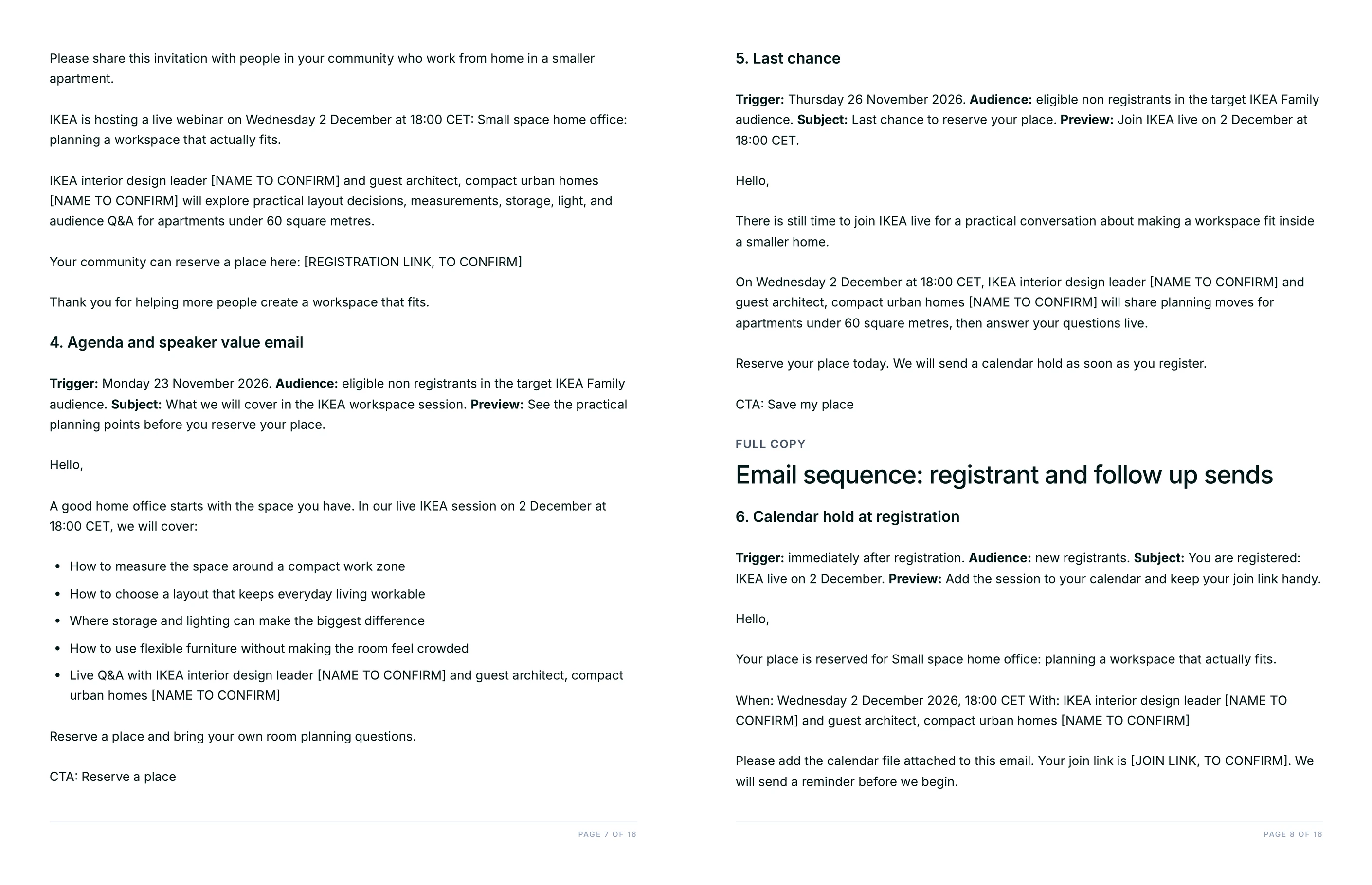 Email sequence copy with trigger, audience, subject line and preview line for each send