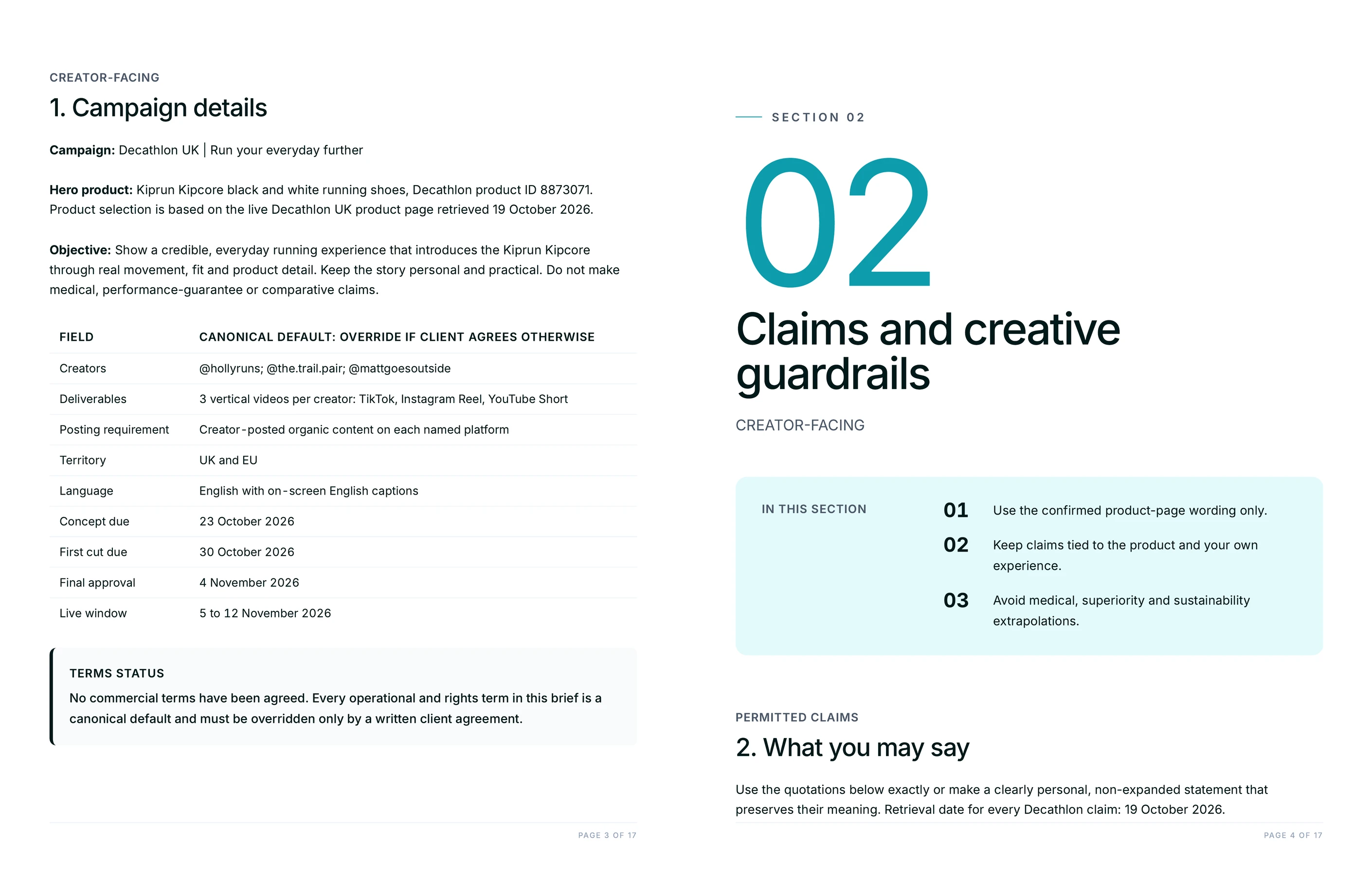 Campaign details filled with canonical defaults and a terms status note