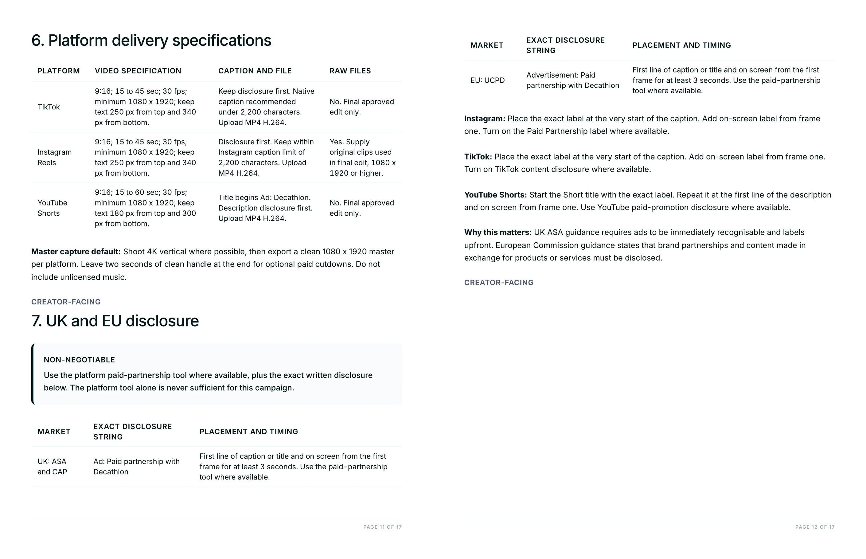 Platform delivery specifications and the per-market disclosure table