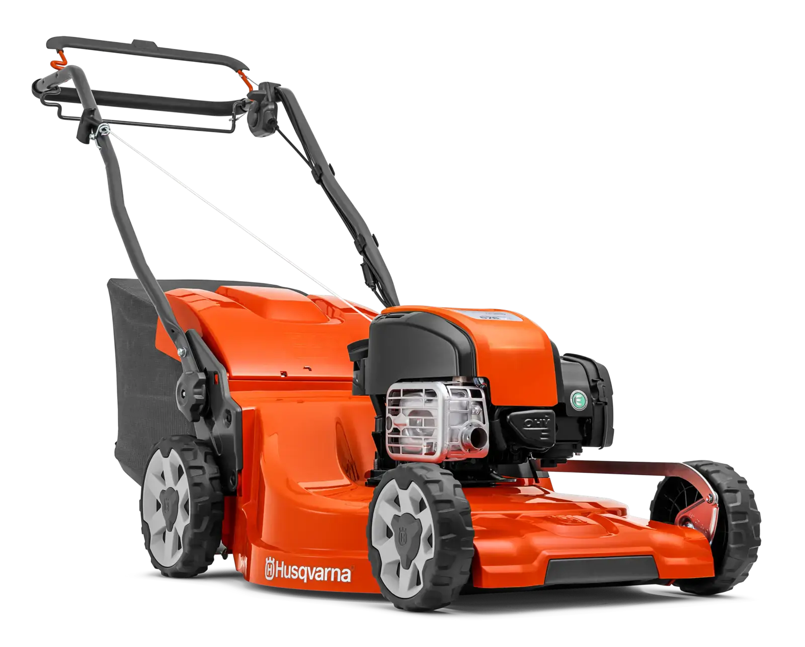 Husqvarna LC 353V Rasenmäher, orange, mit Grasfangkorb, Nahaufnahme von der Seite, gut sichtbar für Gartengeräte-Interessierte.