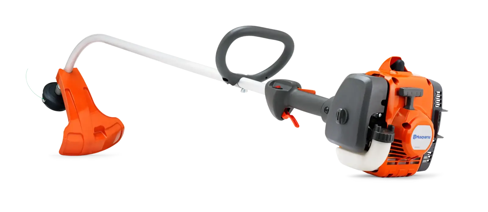 Husqvarna 129C Rasentrimmer, orange und grau, mit gebogenem Schaft und Fadenspule, für die Gartenpflege. Produktfoto.