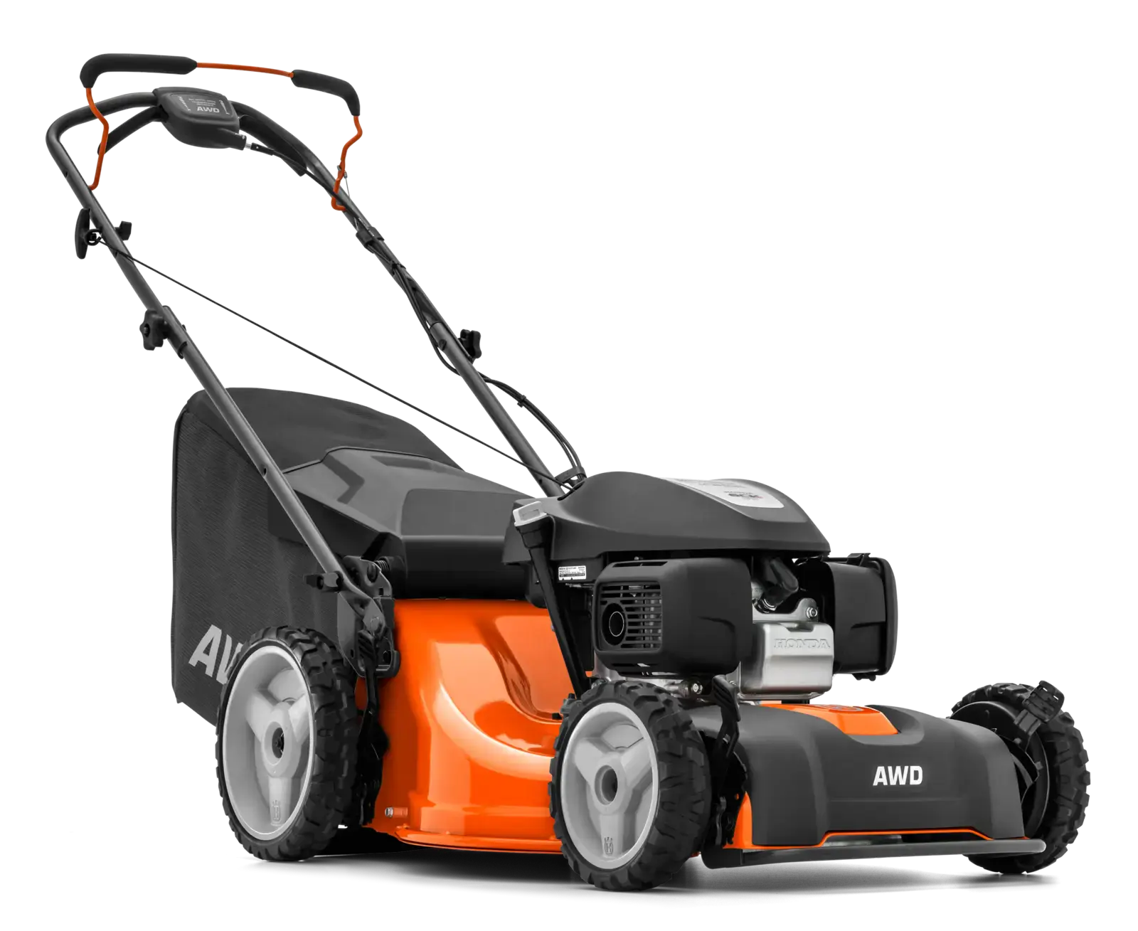 Husqvarna LC 353AWD Rasenmäher mit Allradantrieb in Orange und Schwarz, Seitenansicht. Detailaufnahme des robusten Gartengeräts.