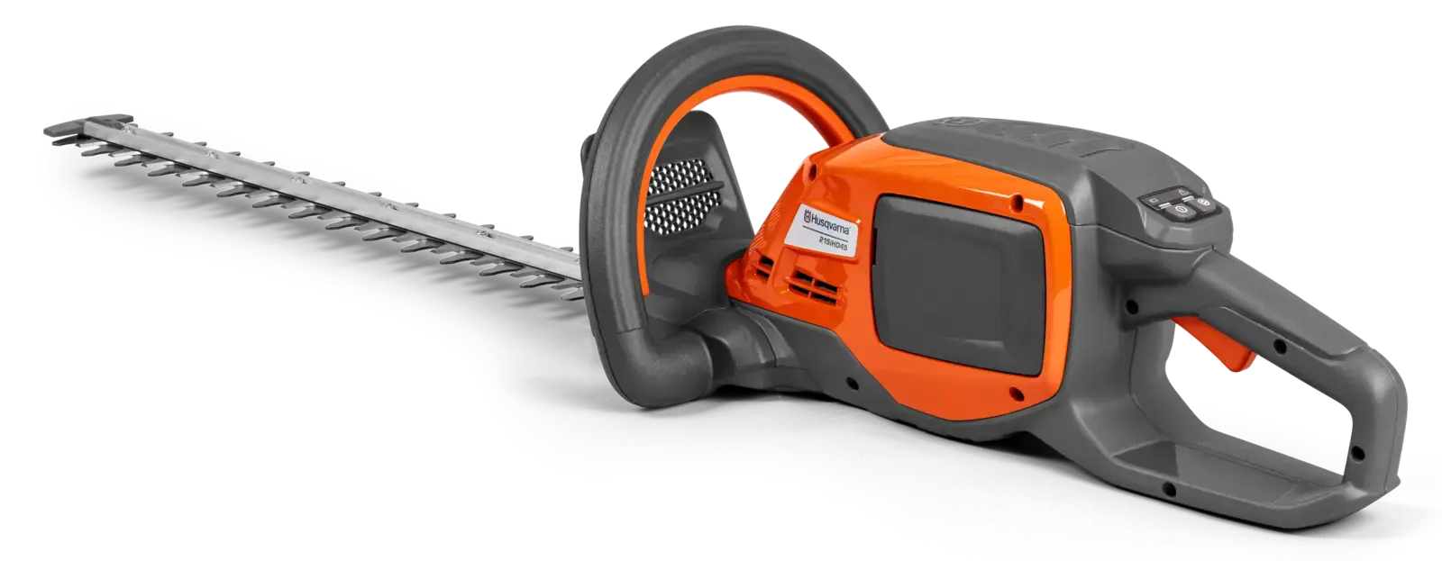 Husqvarna 215iHD45 Akku-Heckenschere, orange und grau, mit langem Schneidblatt für präzisen Heckenschnitt.