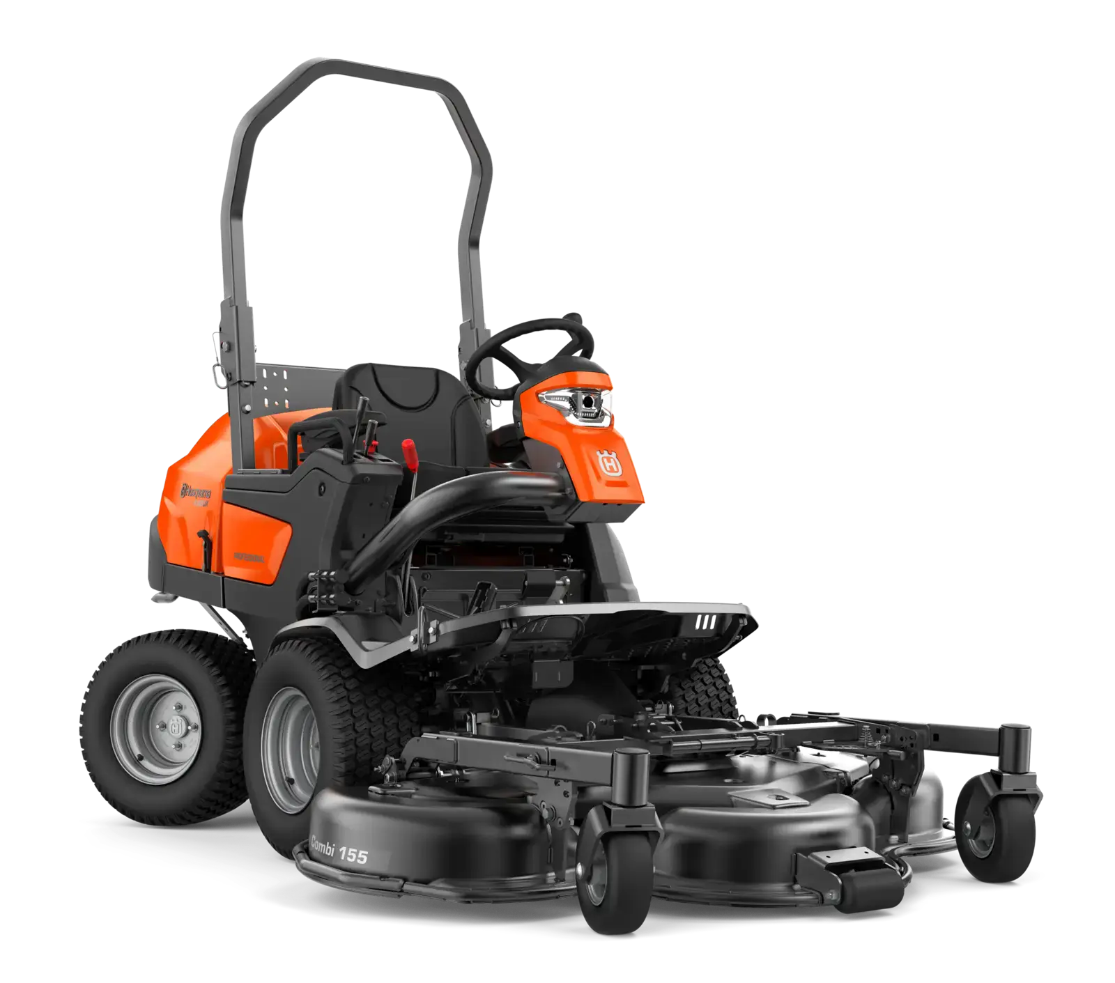 Husqvarna P 525DX Aufsitzmäher mit Combi 155 Mähdeck. Orangefarbener Profi Rasentraktor für große Rasenflächen.