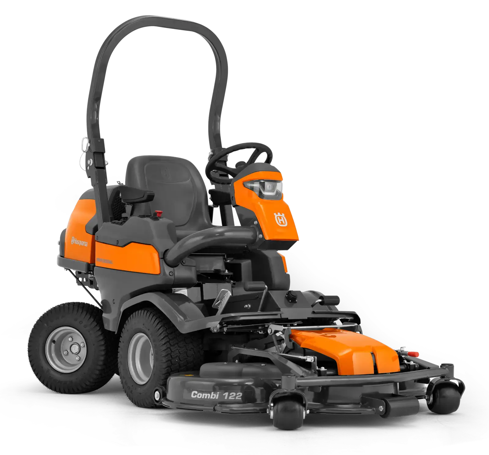 Husqvarna P524X Aufsitzrasenmäher, orange und grau, mit Combi 122 Mähdeck, für professionelle Gartenpflege.