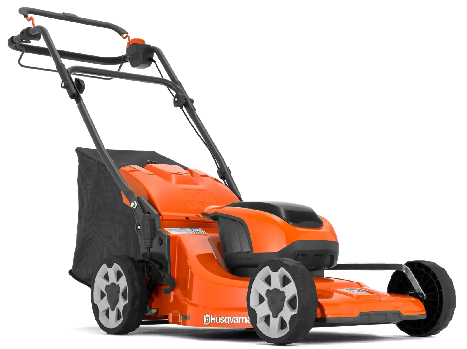 Husqvarna LC142iS Akku Rasenmäher in Orange und Schwarz, seitliche Ansicht. Akkubetrieben, für müheloses Rasenmähen.