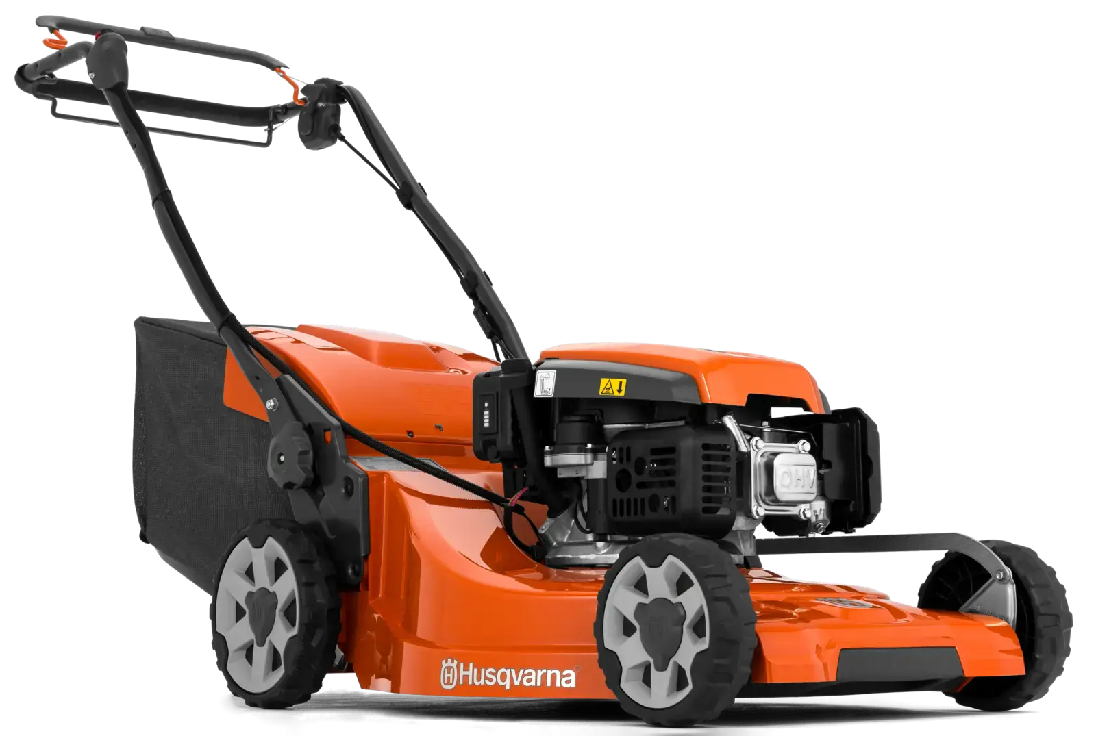 Husqvarna LC353VE Rasenmäher, orange, mit Fangkorb, Seitenansicht.  Motorbetrieben, für den Hausgebrauch im Garten.