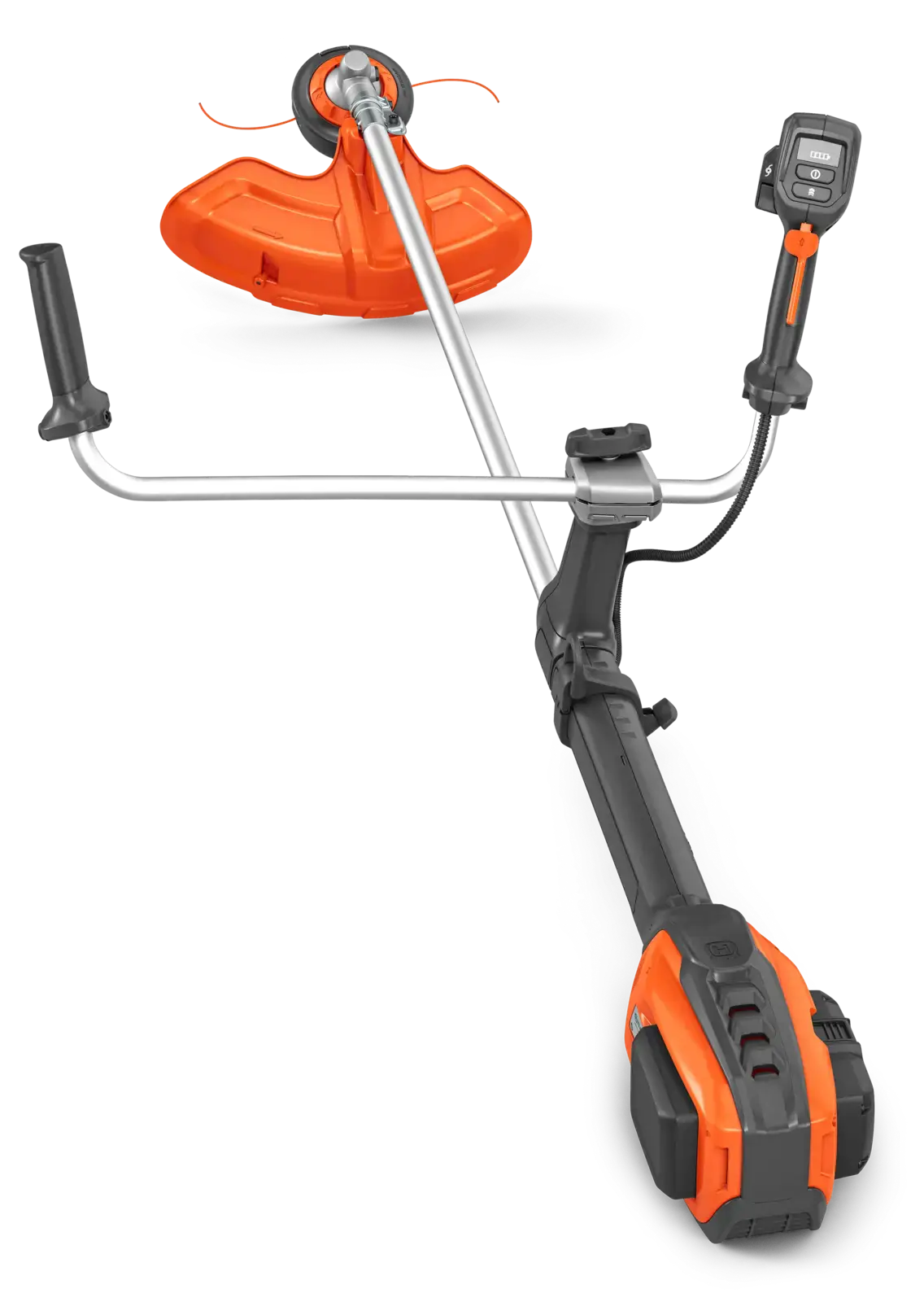 Husqvarna 525iRXT Akku-Rasentrimmer, orange und schwarz, mit zwei Griffen und digitaler Anzeige für einfache Bedienung.