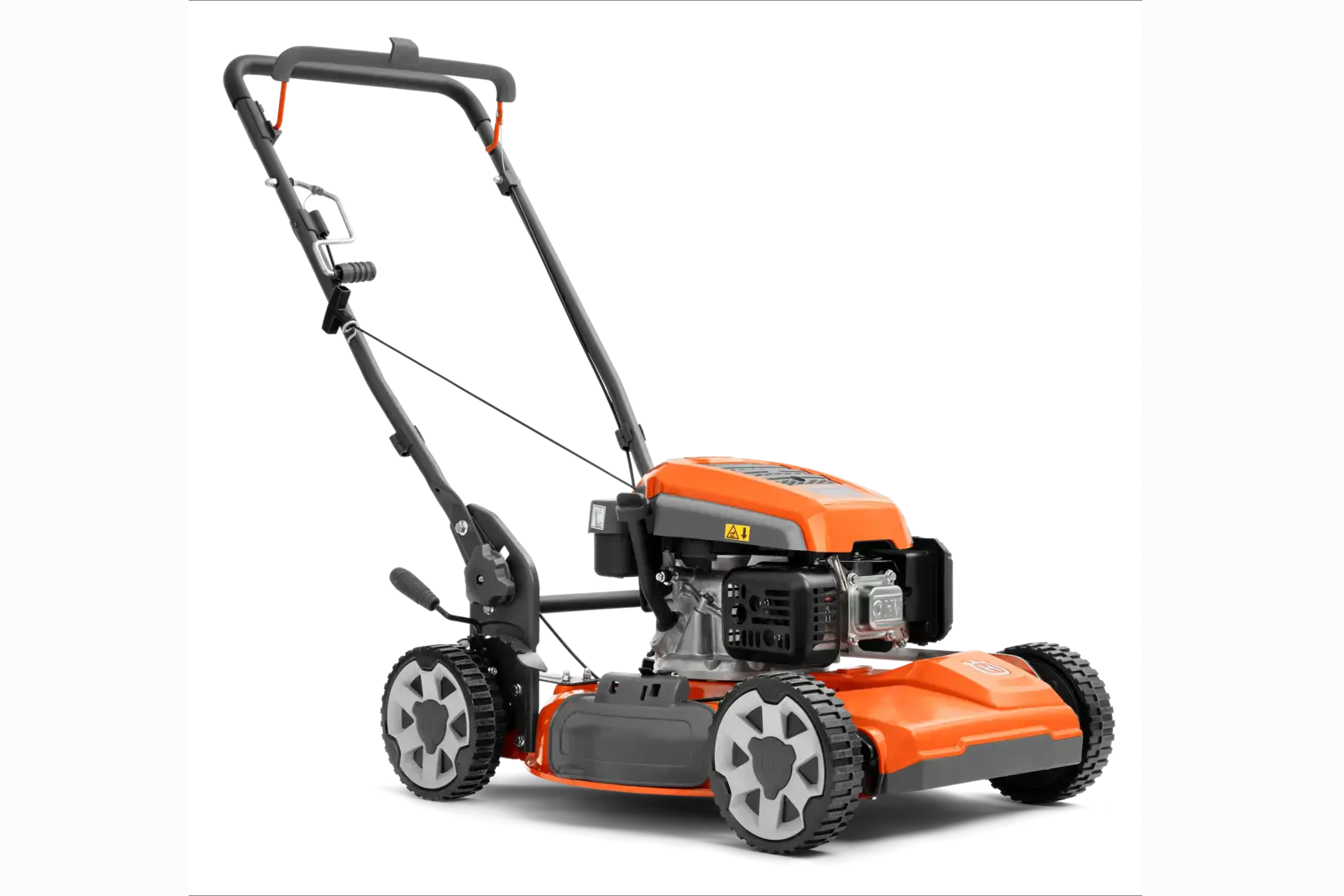 Husqvarna LB 251S Rasenmäher, orange und grau, mit schwarzem Hintergrund. Das Gerät steht und ist bereit zum Mähen.