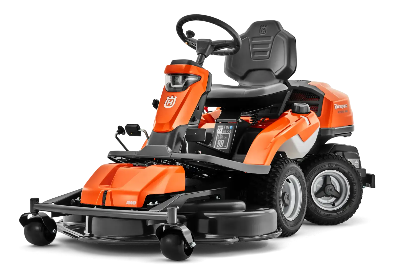 Husqvarna R 316TSX AWD Aufsitzmäher in Orange und Grau, Frontansicht auf schwarzem Hintergrund.