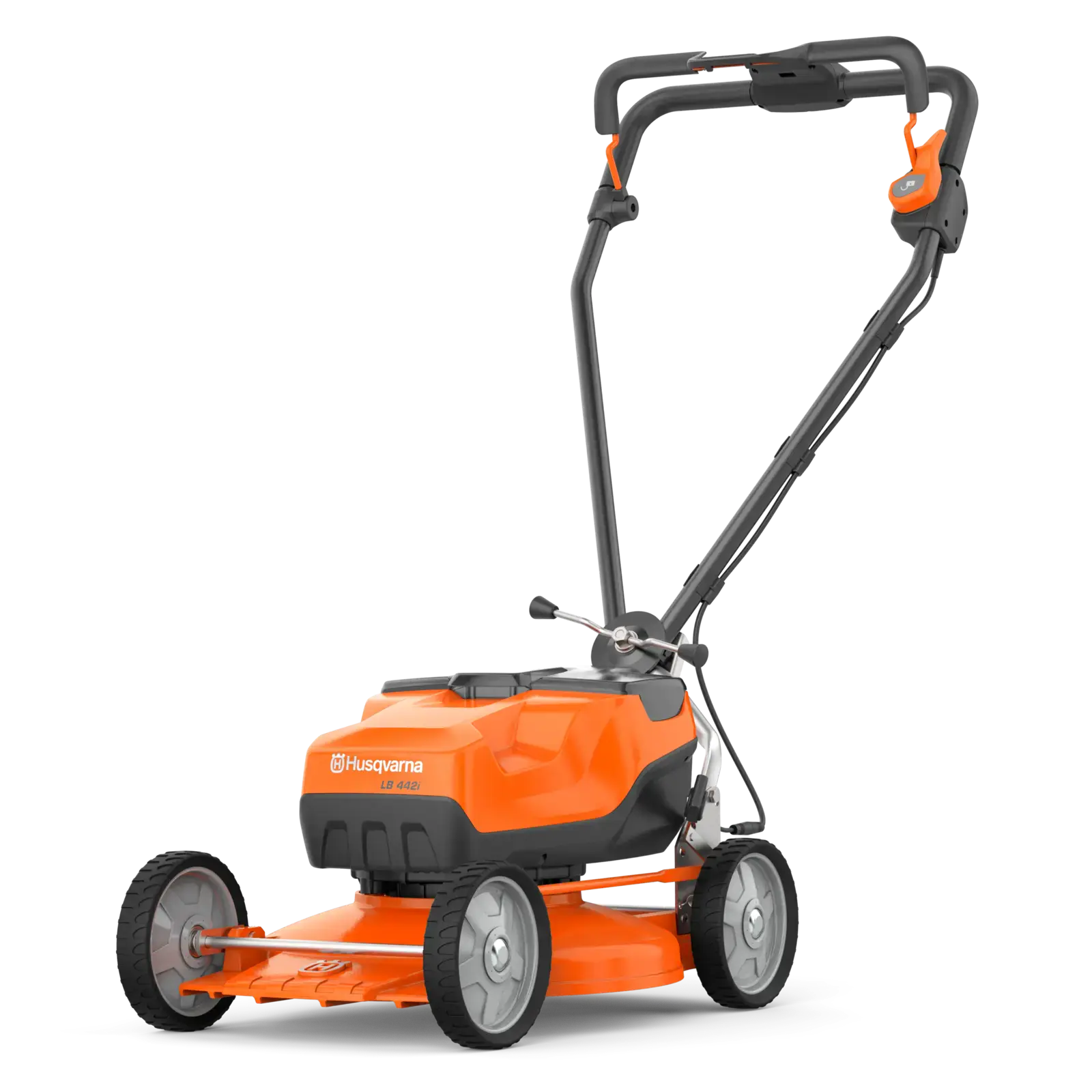 Husqvarna LB 442i Akku-Rasenmäher, orange und schwarz, mit Rädern und Griff. Draufsicht. Benutzerfreundlich und kabellos.