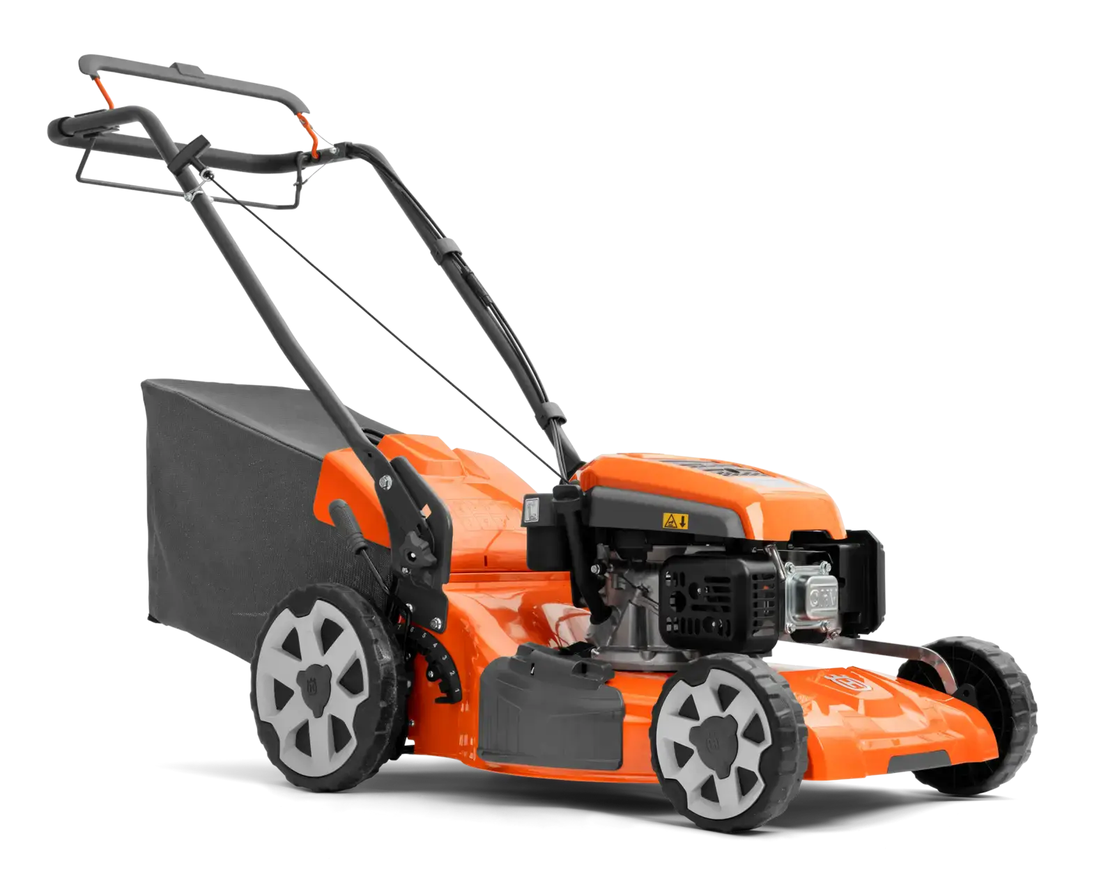 Husqvarna LC151S Rasenmäher, orange, mit Fangkorb. Ein leistungsstarkes Gartengerät für effizientes Rasenmähen.