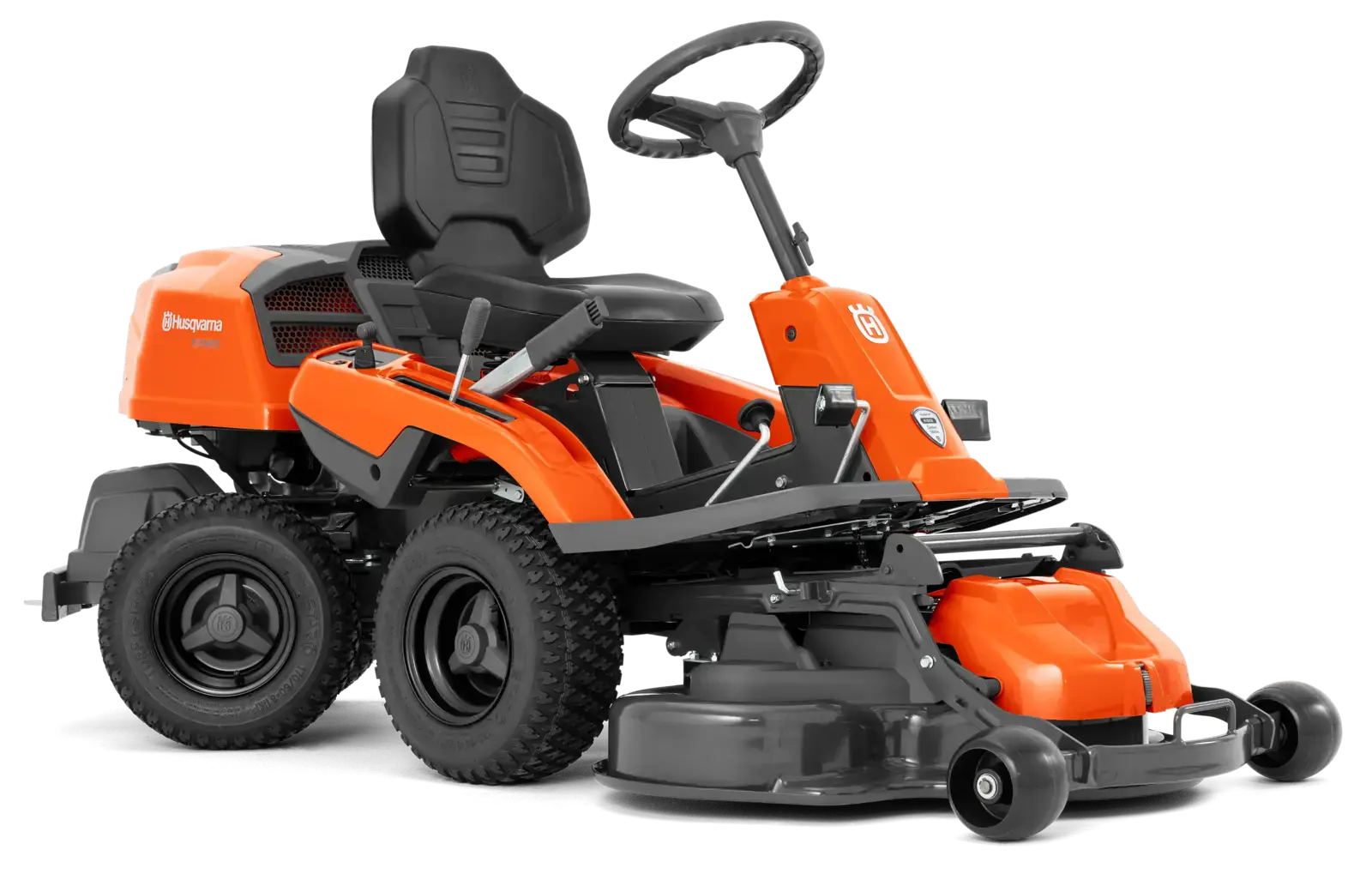Husqvarna R 214TC Rider Rasenmäher Traktor in Orange und Schwarz, seitliche Ansicht. Komfortabler Sitz und Lenkrad sichtbar.