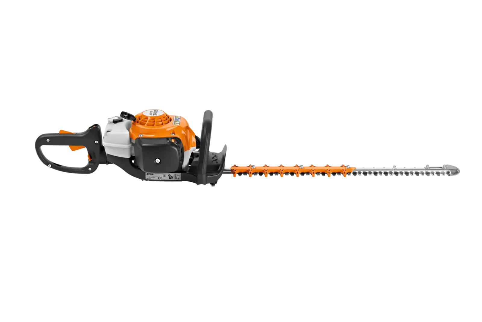 STIHL HS 82 T Heckenschere, orange-weiße Motor, silbernes Schneidwerkzeug, auf schwarzem Hintergrund, zur Gartenpflege.