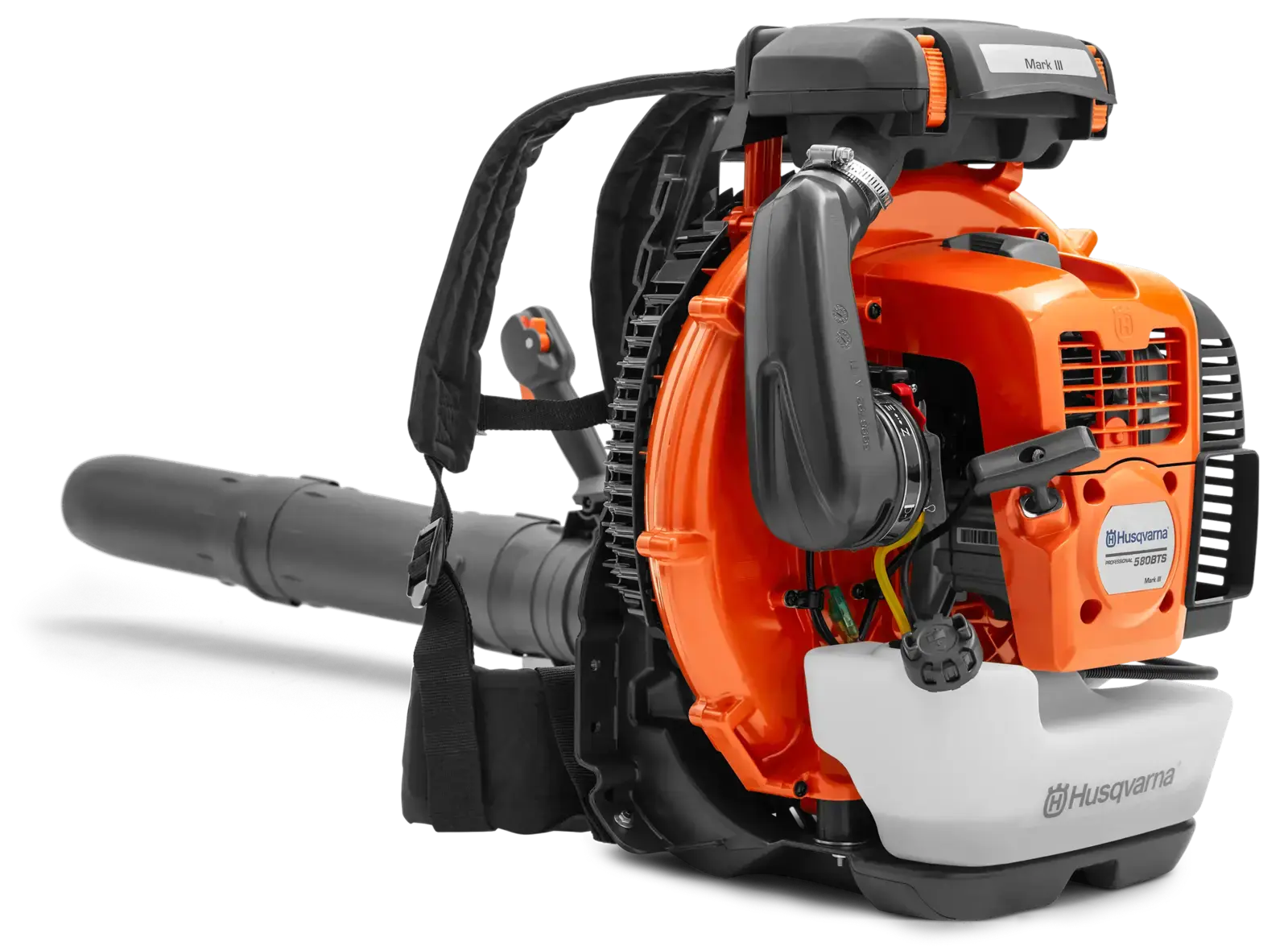 Husqvarna 580BTS Laubbläser, rückentragbar, orange und schwarz, mit Blasrohr und Tragegurten. Für professionelle Gartenarbeit.