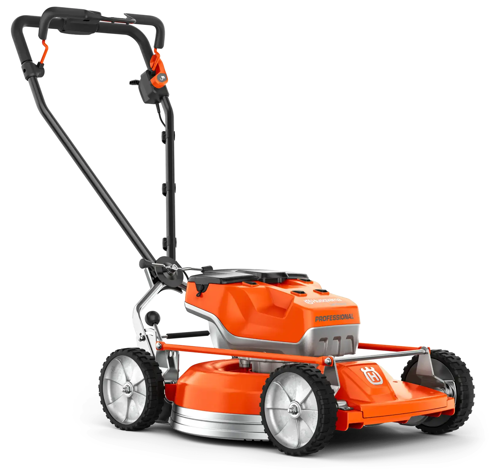 Husqvarna LB553IV Rasenmäher, orange und silber, Seitenansicht auf schwarzem Hintergrund. Professionelles Gartengerät.