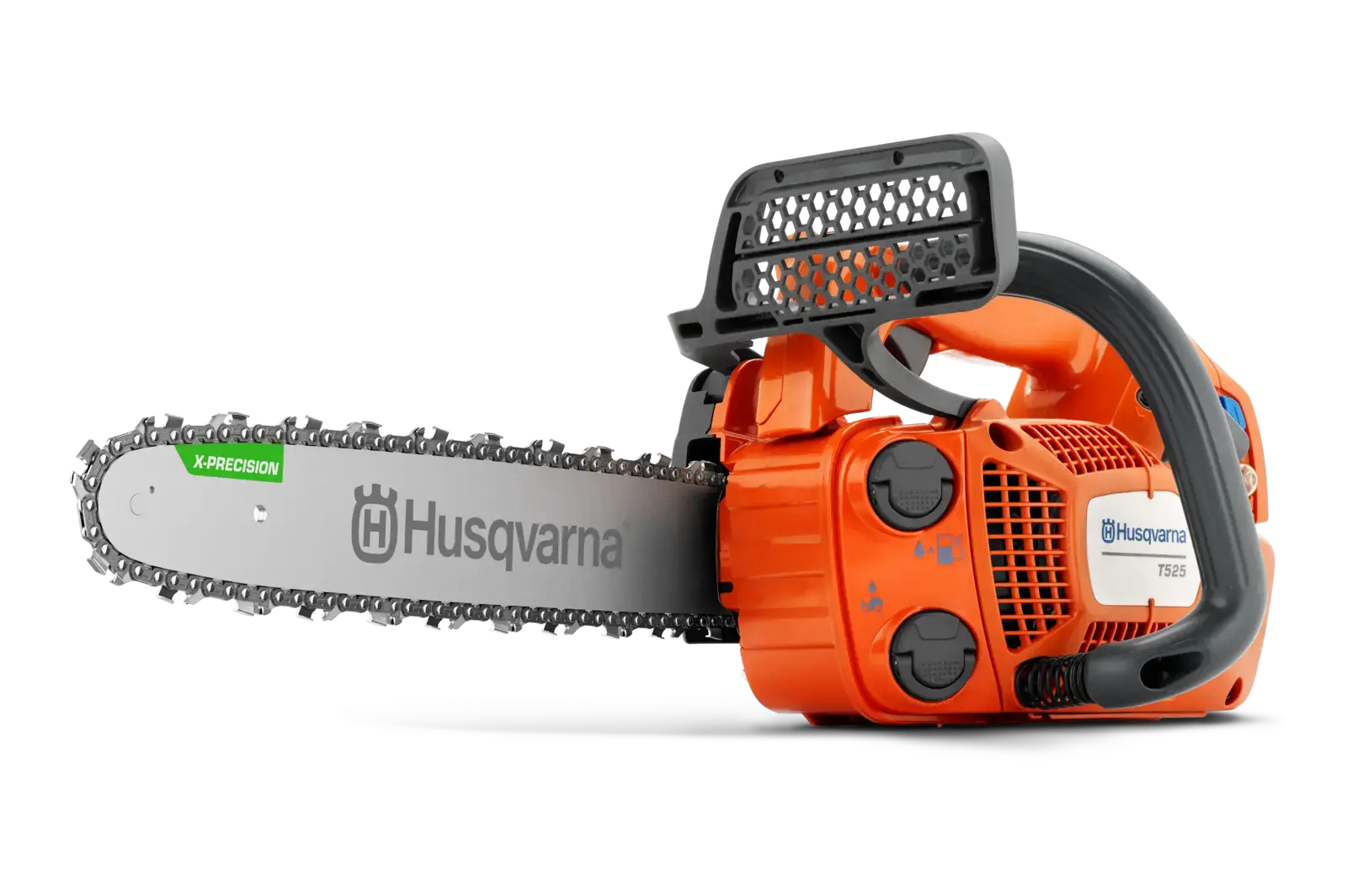 Nahaufnahme der Husqvarna T525 Kettensäge, orangefarbenes Gehäuse, silberne Kette und schwarzer Griff, professionelle Baumpflegeausrüstung.