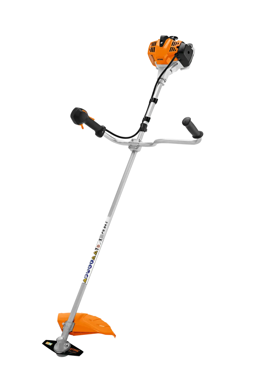 STIHL FS 94 C-E Freischneider: Ein hellgraues Gerät mit orangefarbenem Motorgehäuse und Schneidschutz, vor schwarzem Hintergrund.