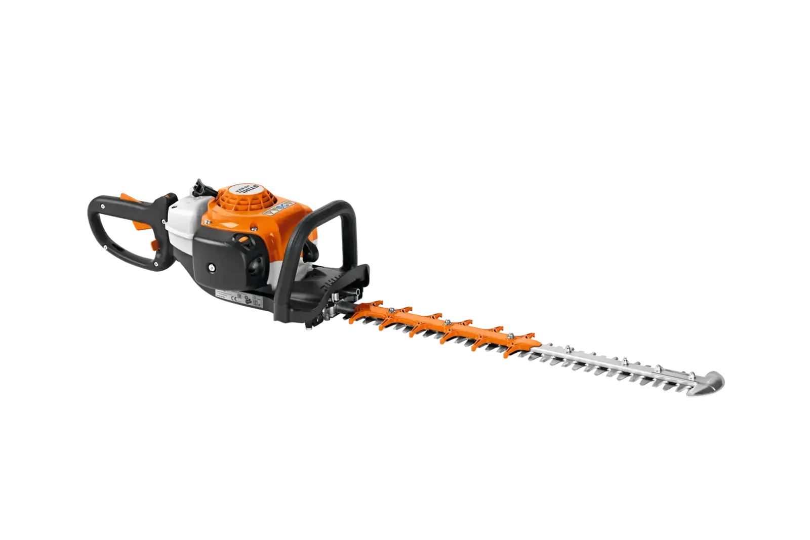 STIHL HS 82 R Heckenschere, orange-weiß, mit langem Schneidwerkzeug, seitliche Ansicht auf schwarzem Hintergrund.