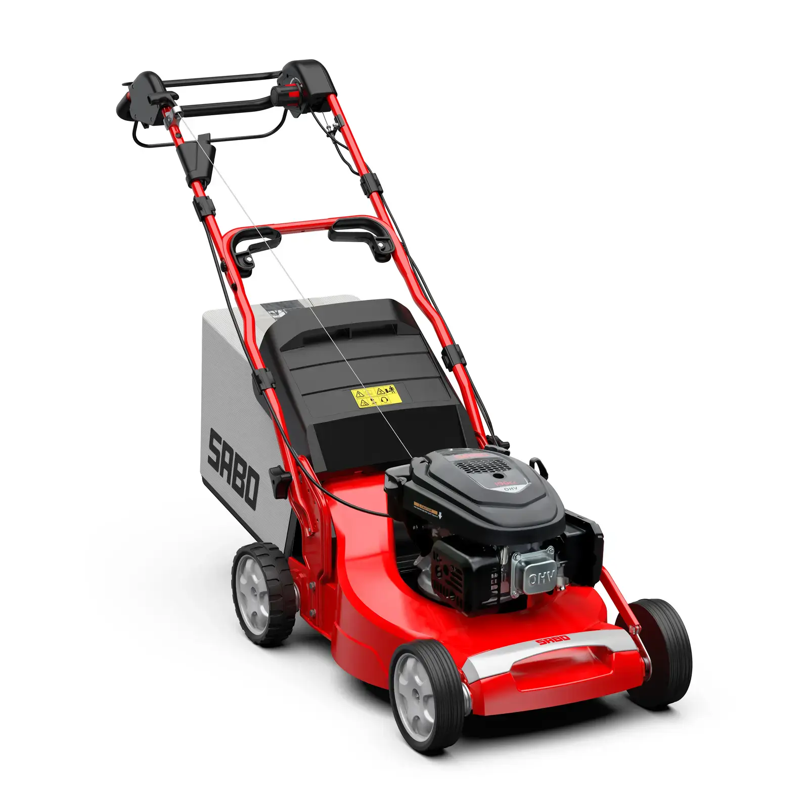 Roter SABO 54-VARIO E Benzin-Rasenmäher mit Grasfangsack. Professionelles Gartengerät für präzise Rasenpflege.