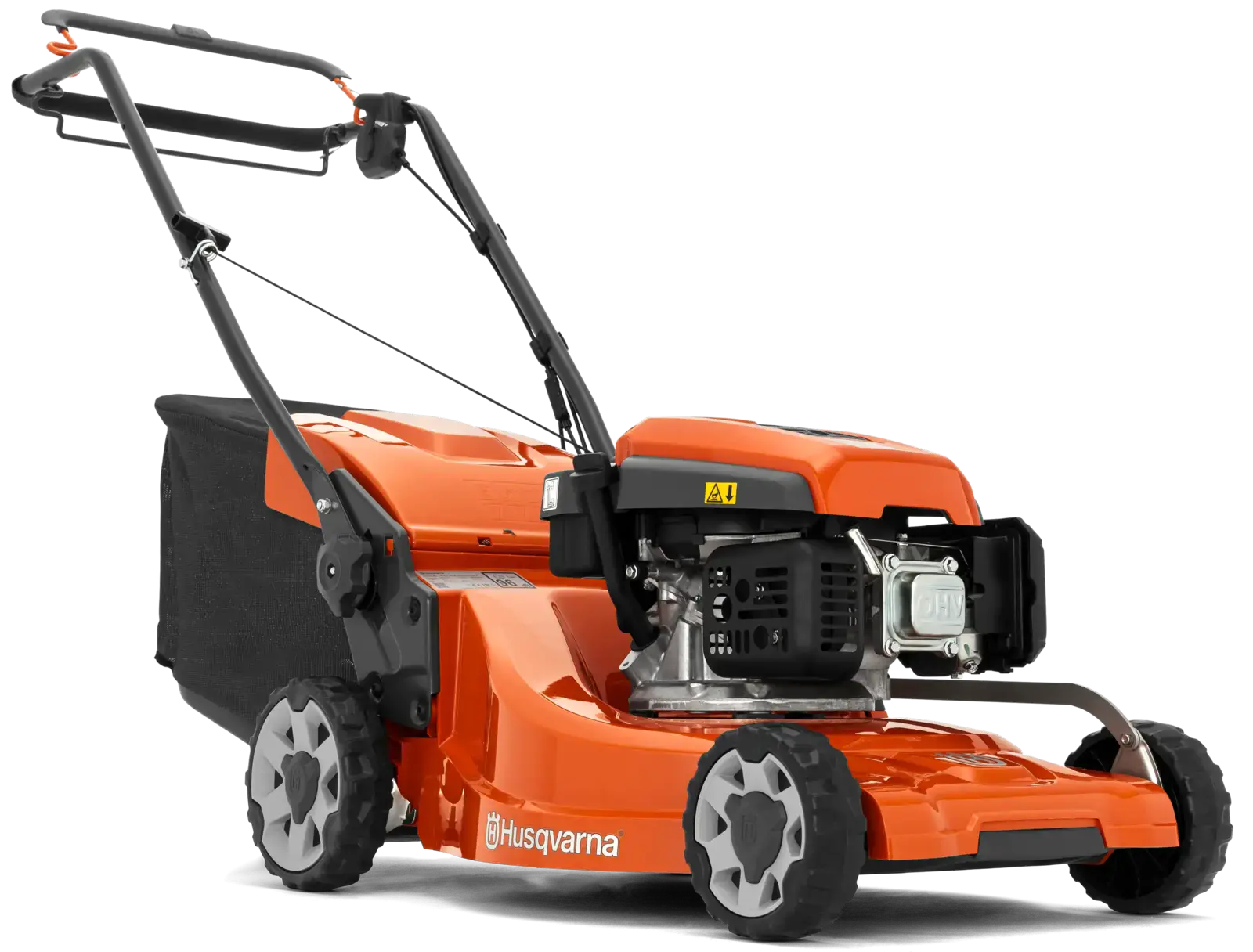 Husqvarna LC347V Rasenmäher in Orange und Schwarz, Seitenansicht. Gartengerät für Rasenpflege mit Fangkorb und Motor.