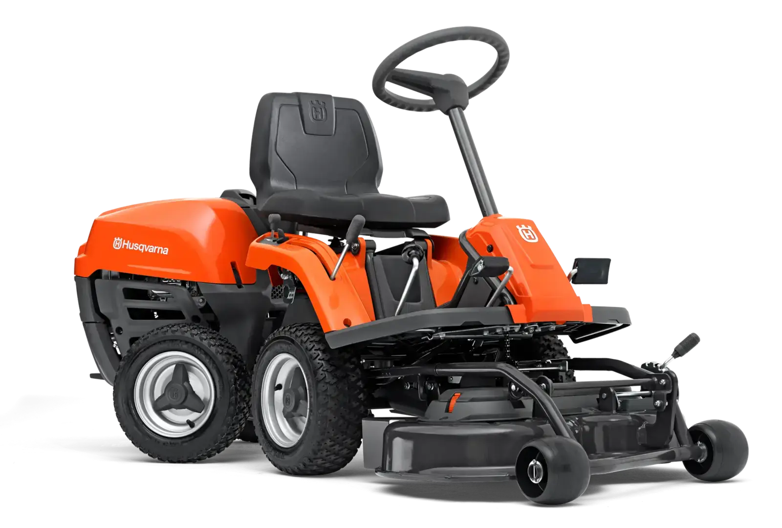 Husqvarna R112C Rider Aufsitzmäher, orange und schwarz, mit Lenkrad und Sitz. Zum Rasenmähen für mittelgroße Gärten.