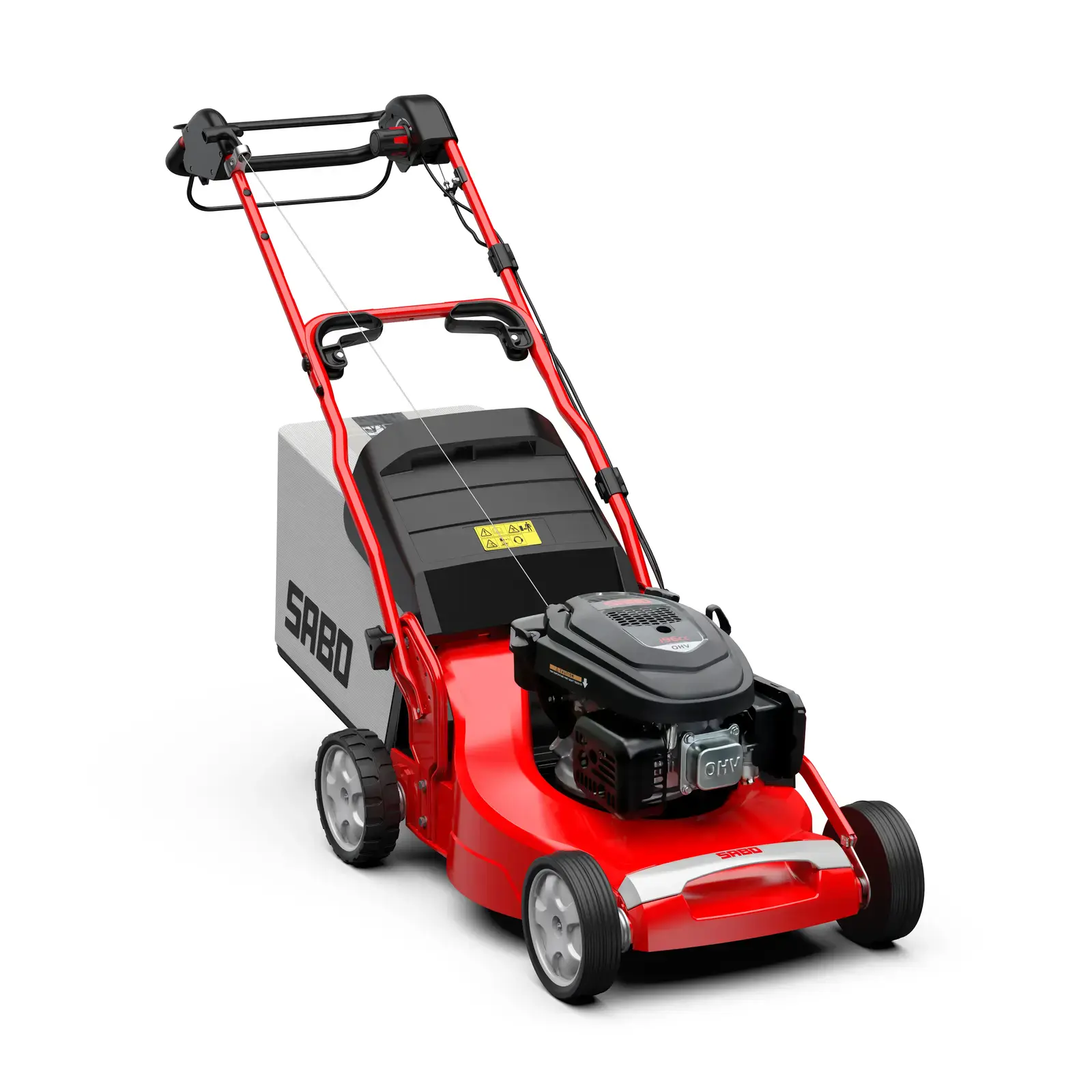 Roter Sabo 54-VARIO Benzin-Rasenmäher mit Fangkorb, Seitenansicht. Solide Bauweise, hochwertiger Motor, gut geeignet für große Rasenflächen.