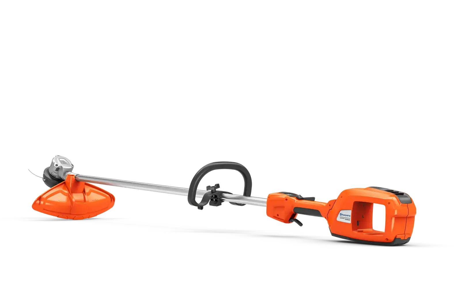 Husqvarna 520iLX Akku-Rasentrimmer, orange und schwarz, freigestellt vor schwarzem Hintergrund, für barrierefreie Nutzung.