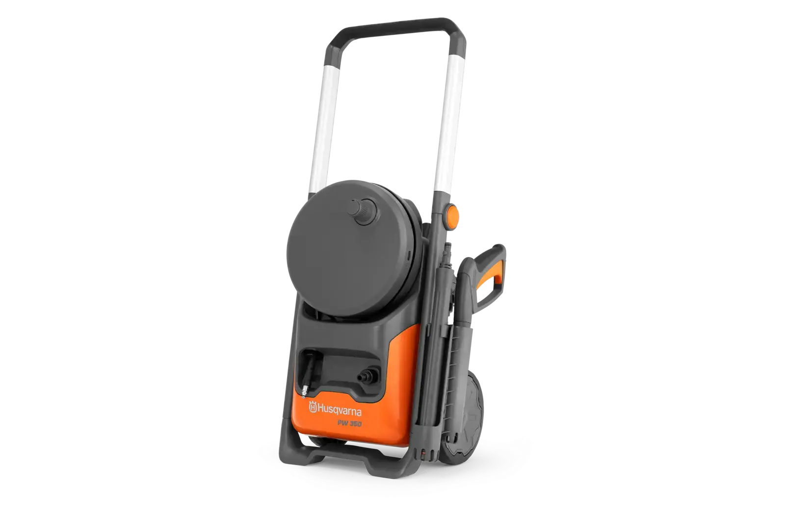 Husqvarna PW350 Hochdruckreiniger in Grau und Orange, stehend, zur Reinigung von Außenbereichen wie Terrassen und Autos.