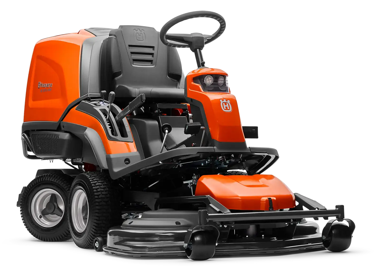 Husqvarna RC320TS AWD Rider, ein Aufsitzmäher in Orange und Schwarz mit Allradantrieb, für die Rasenpflege in anspruchsvollen Gärten.